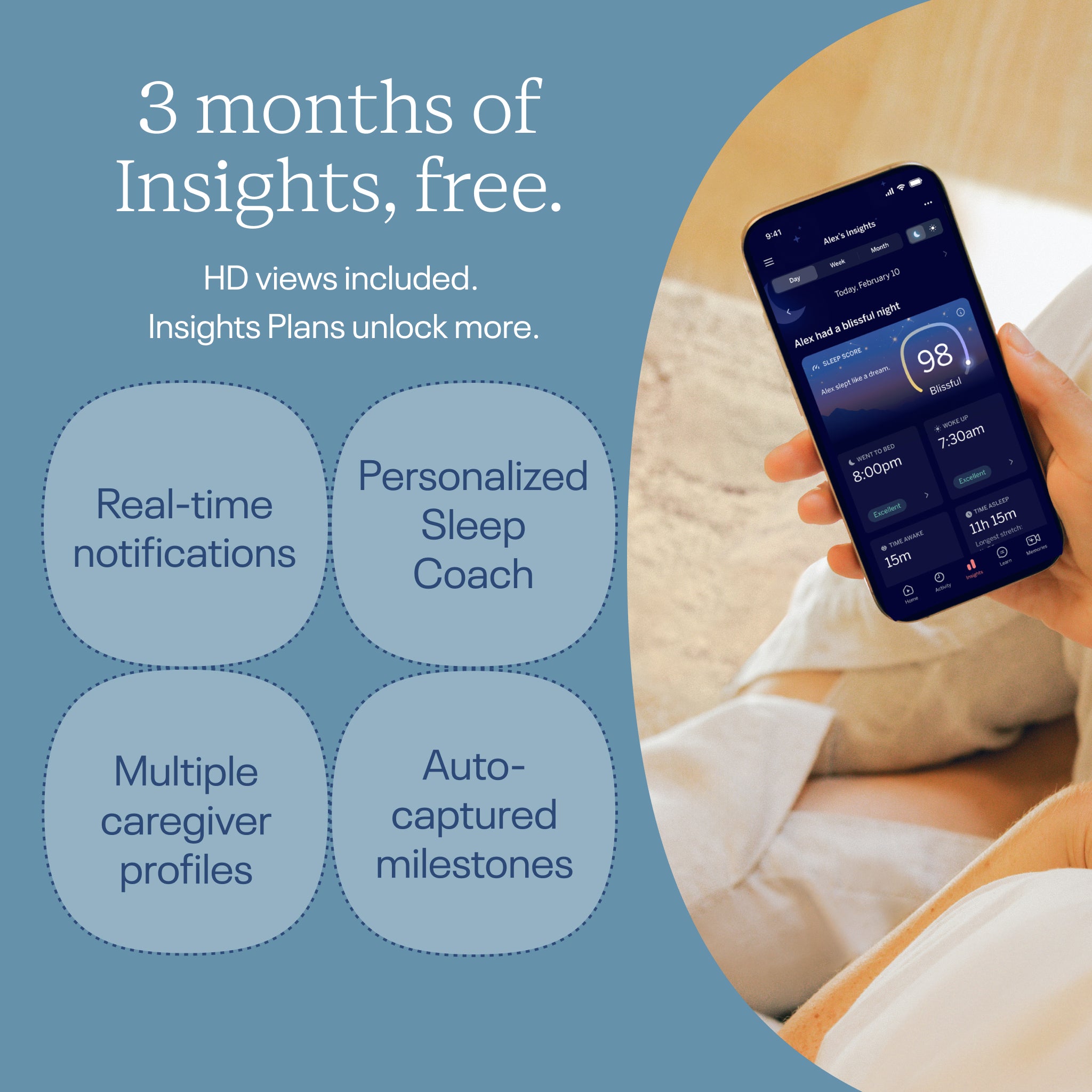 Person holding a smartphone with an app displaying sleep data, against a blue background with text about app features.