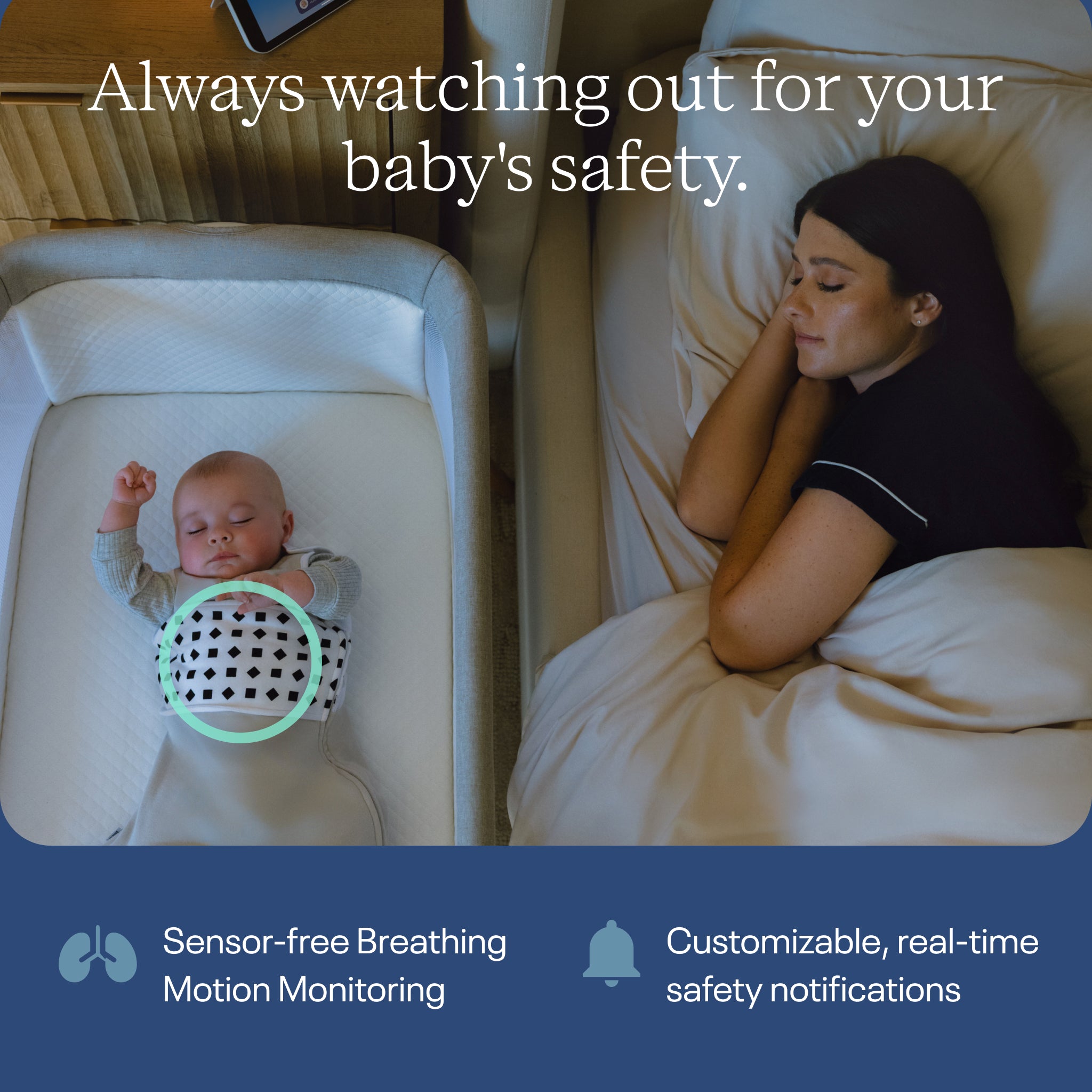 Baby in a crib with a monitor displaying breathing data, next to a woman lying on a bed.