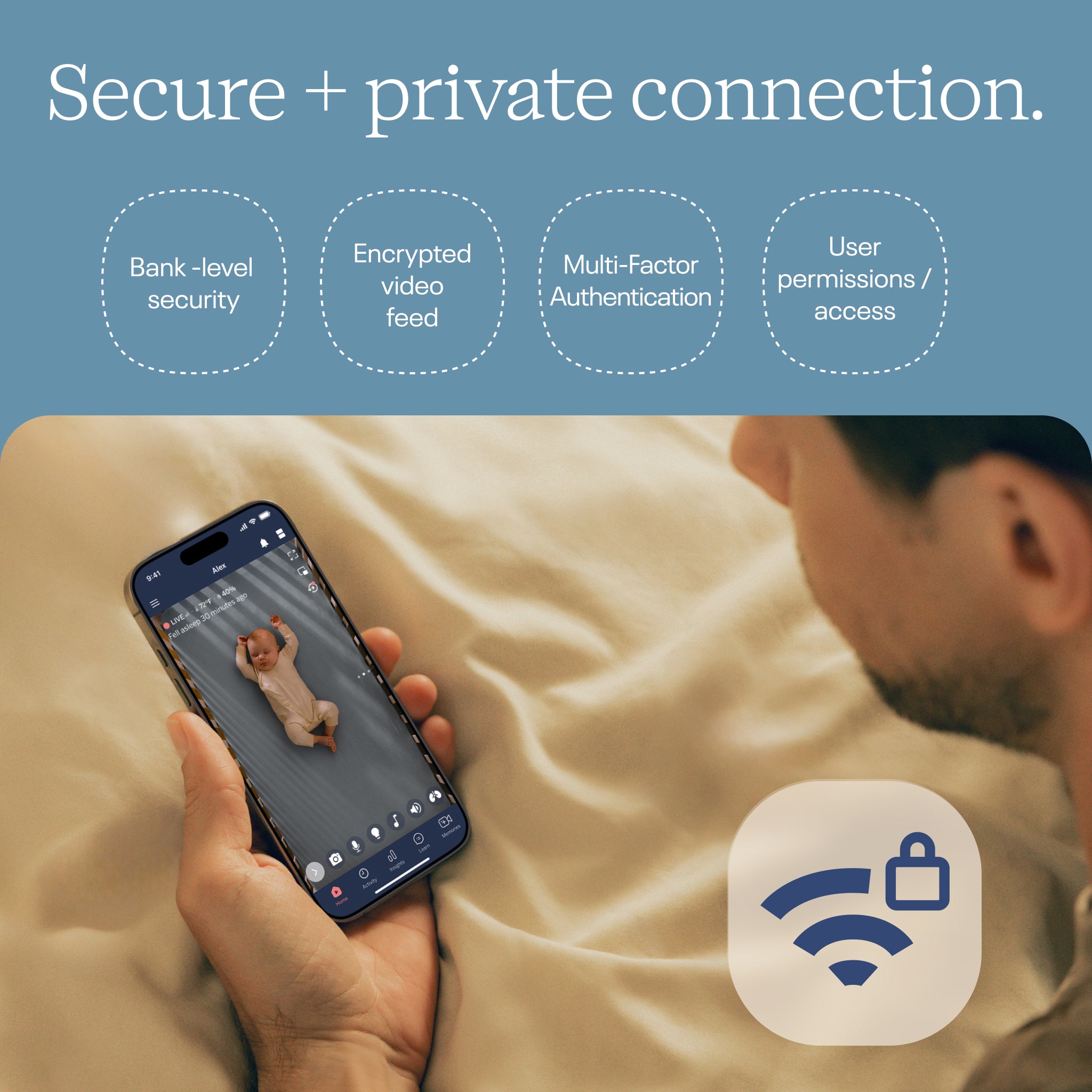Person using a smartphone with security features highlighted on a blue background