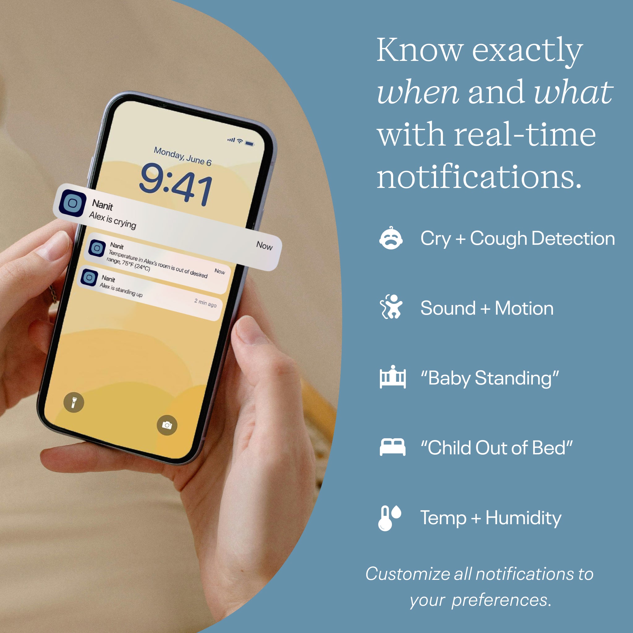 Smartphone app displaying real-time notifications with a person holding the phone, on a blue background.