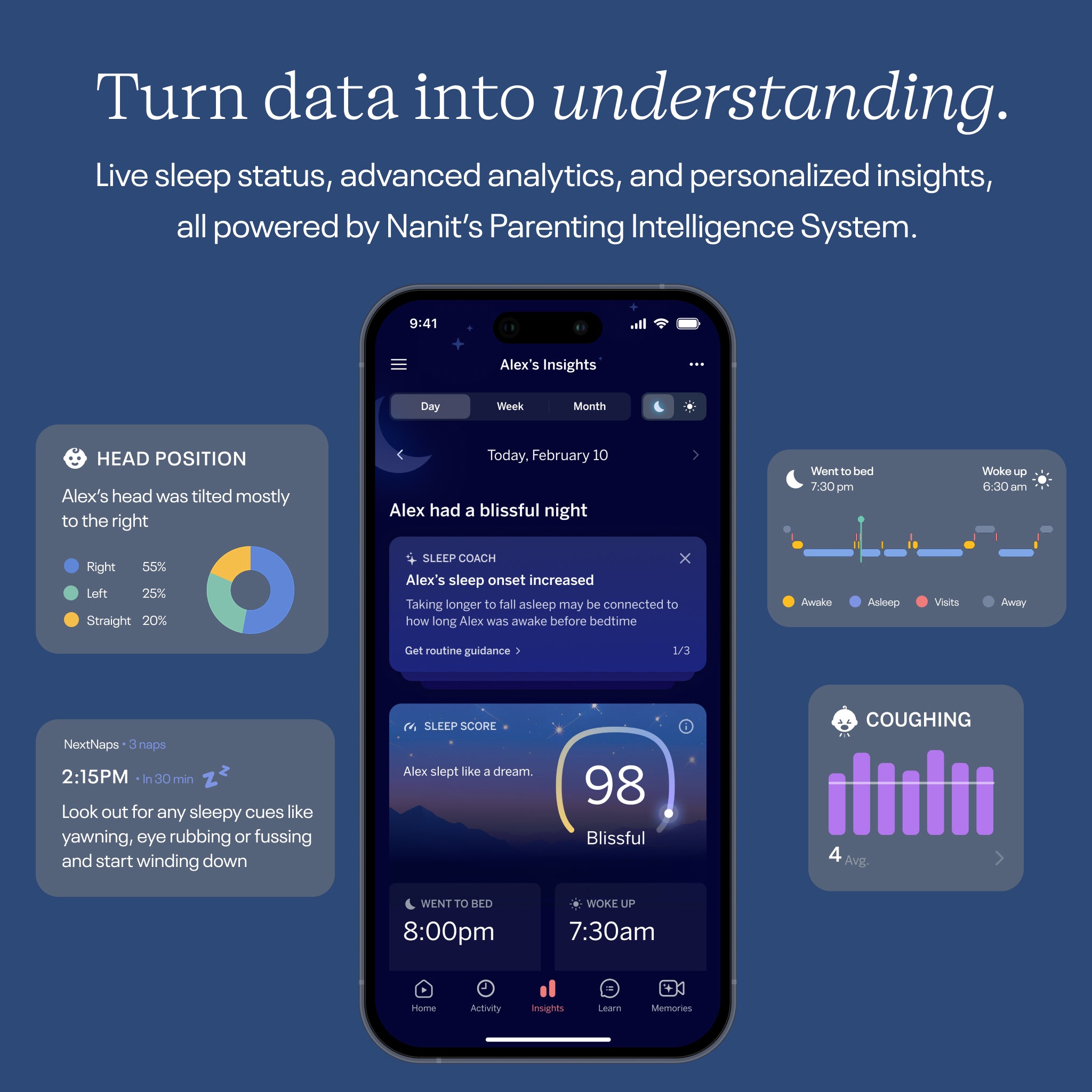 Smartphone displaying sleep tracking app with analytics on a blue background