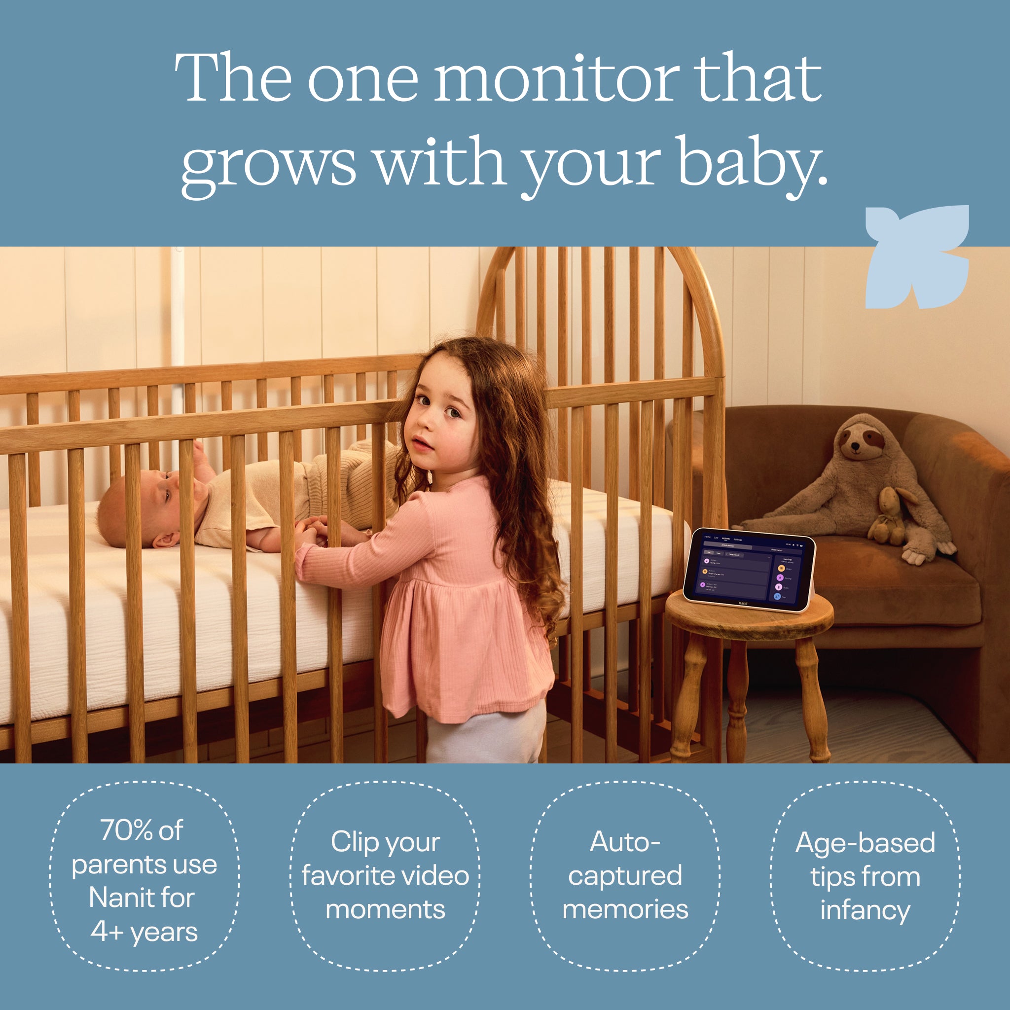 Child looking into a crib with a monitor displaying baby's video, surrounded by wooden furniture and a brown chair.