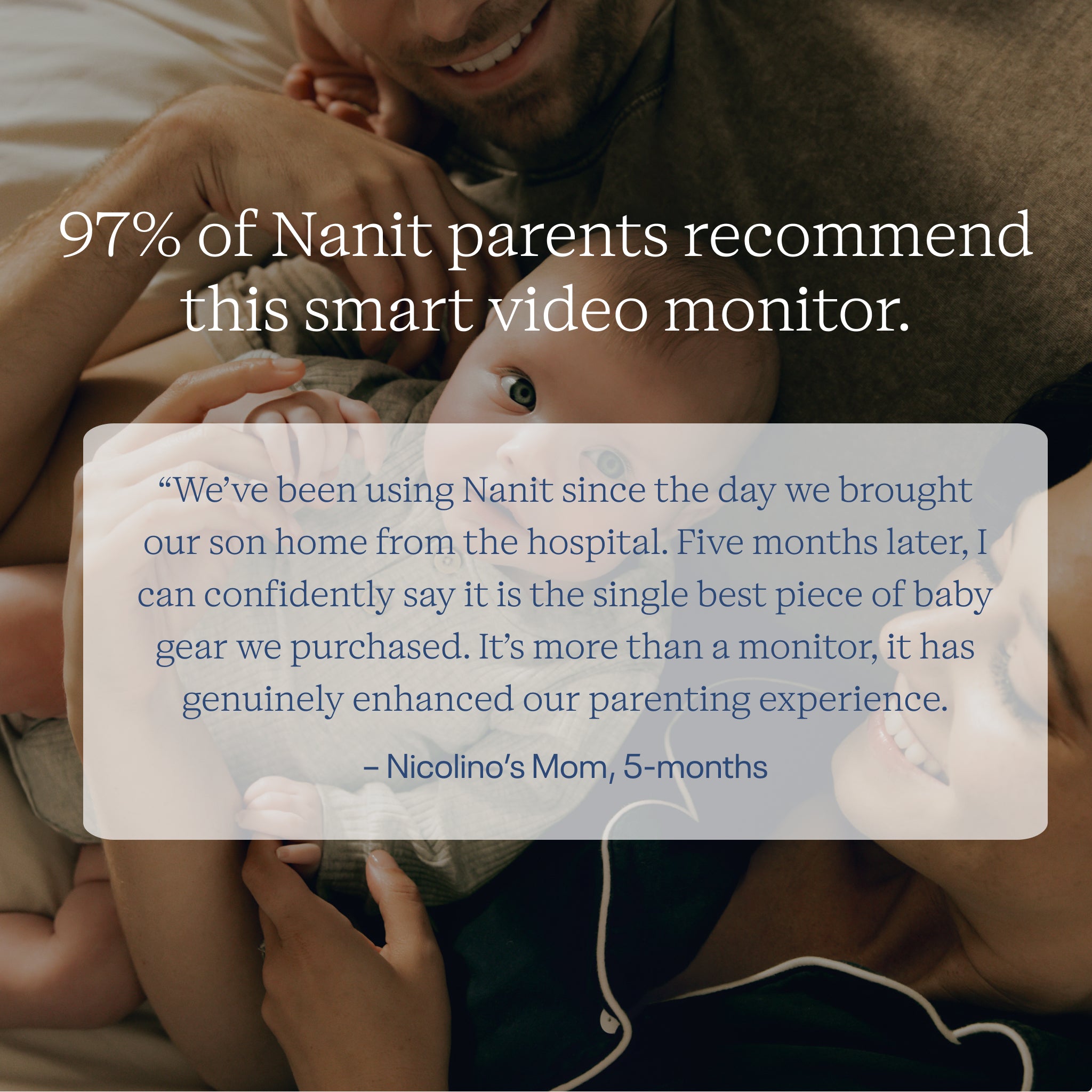 Person holding a baby with text about Nanit video monitor recommendations