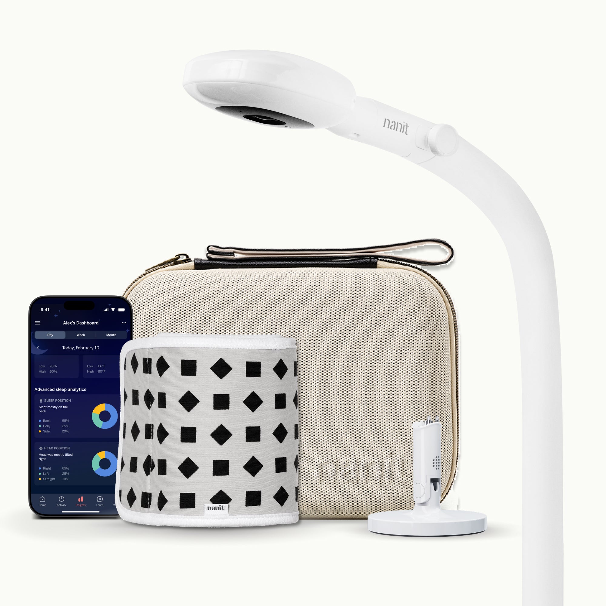 nanit pro camera floor stand, two tone canvas travel case, gray breathing band, flex stand, and nanit app showing dashboard