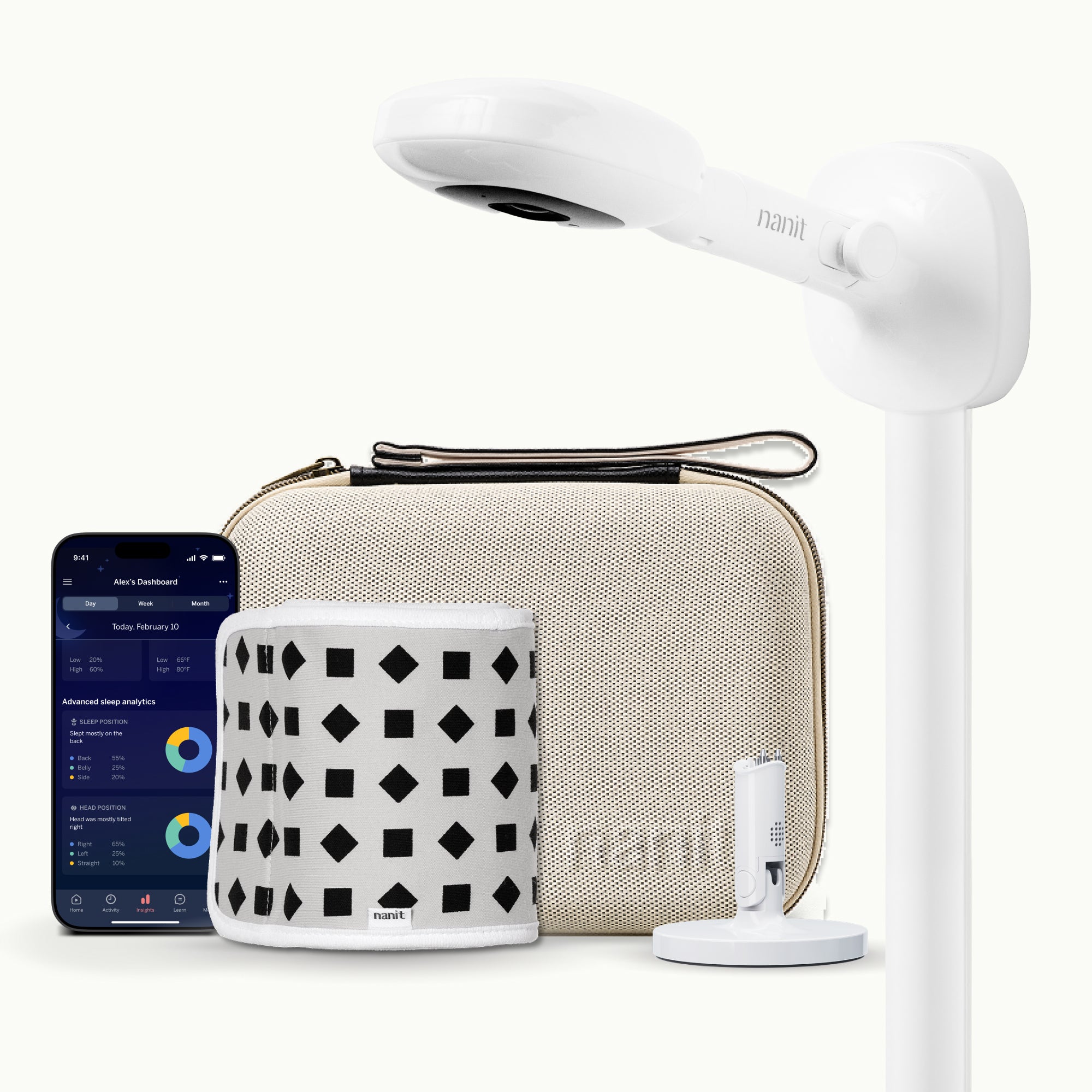 nanit pro camera wall mount, two tone canvas travel case, gray breathing band, flex stand, and nanit app #mount_wall mount #color_two tone canvas