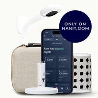 nanit pro camera wall mount, two tone canvas travel case, gray breathing band, flex stand, and nanit app #mount_wall mount #color_yellow