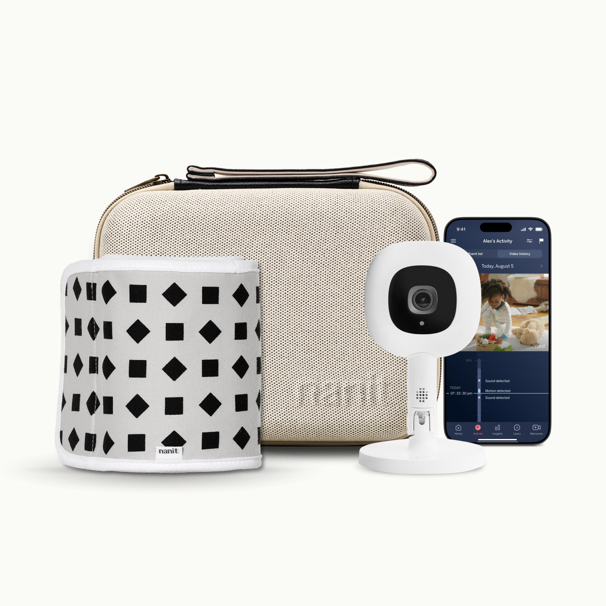 nanit two tone canvas travel case, phone showing nanit app, Nanit Pro Camera + Flex Stand, Breathing Band #color_two tone canvas
