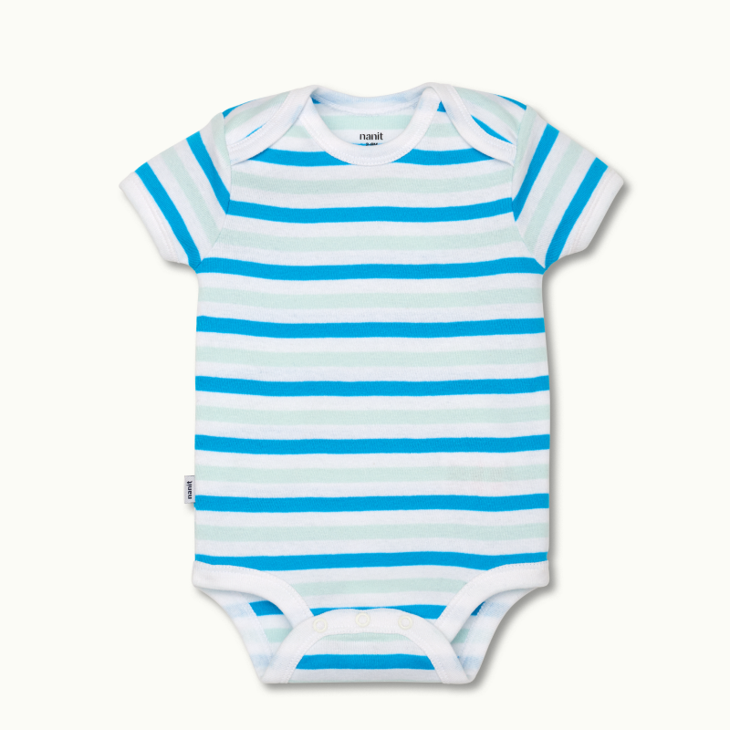 front view of short sleeve bodysuit in tropical blue stripe #color_tropical blue stripe