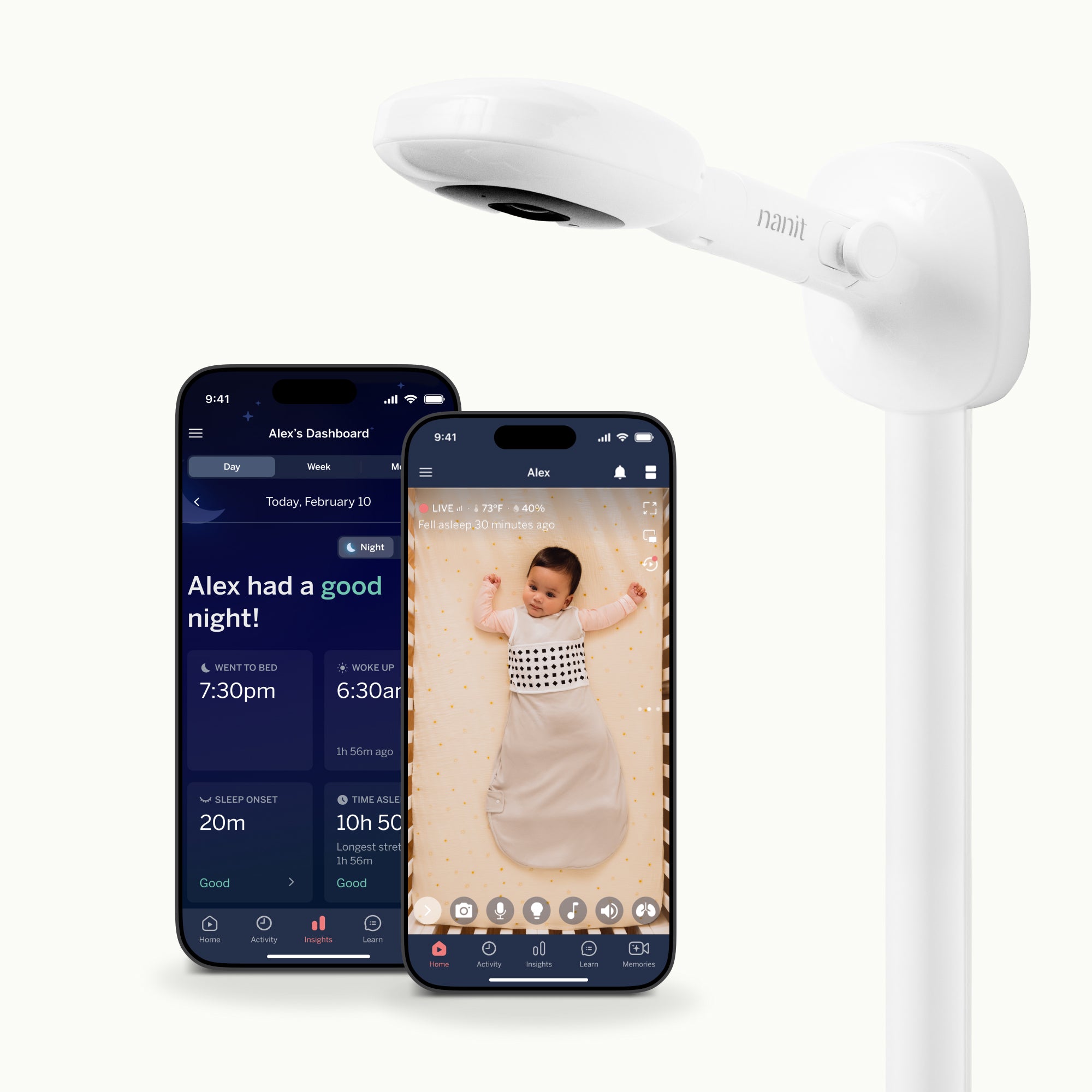 pro baby monitor + wall mount with two phones showing nanit app of dashboard and live screen #mount_wall mount #complete your setup_camera only