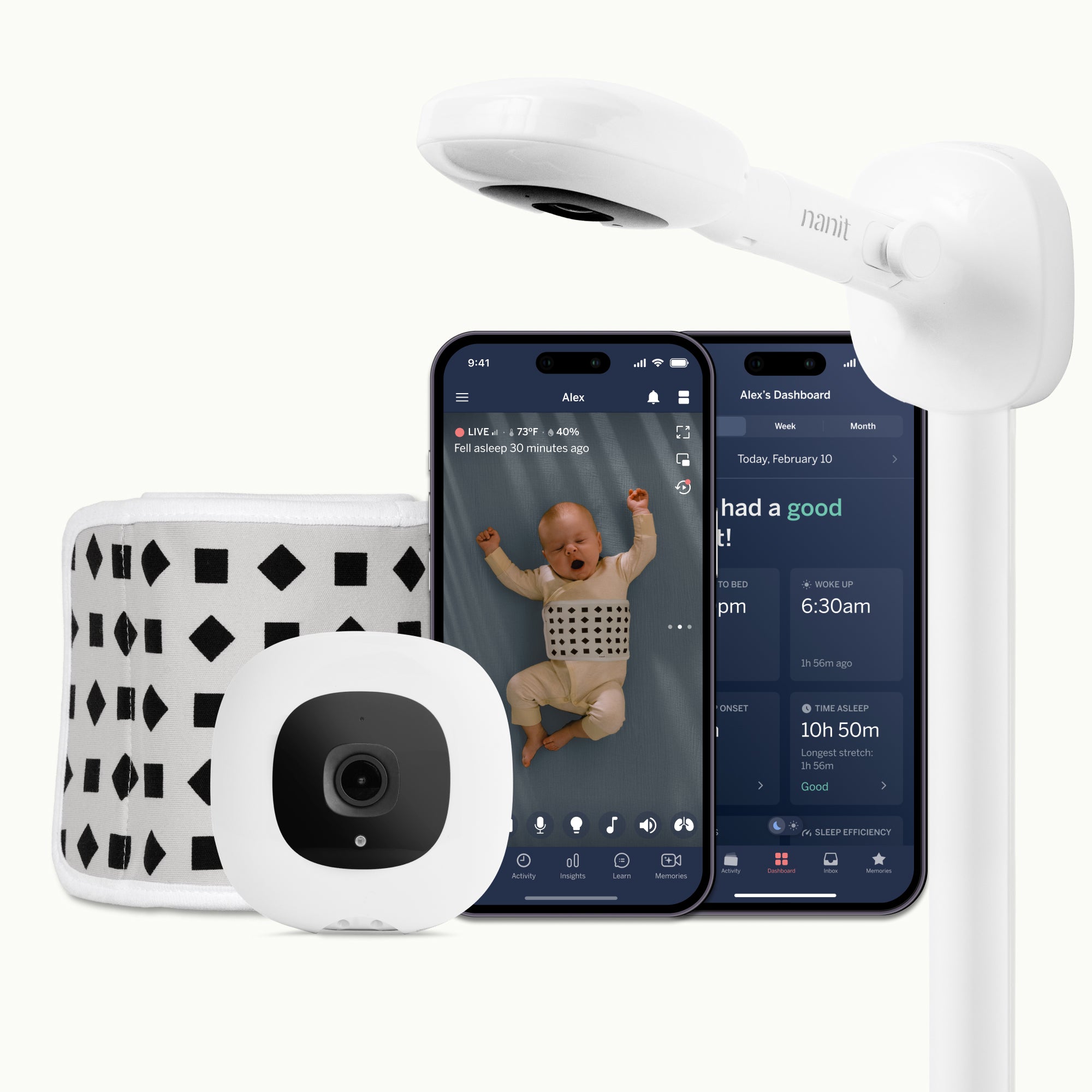 pro baby monitor + wall mount with two phones showing nanit app of dashboard and live screen and breathing band behind smartphone #mount_wall mount #complete your setup_camera only