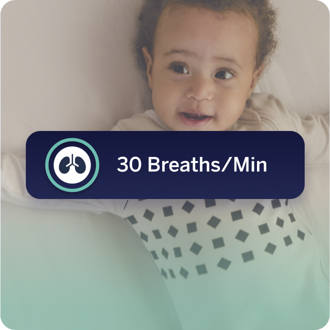 Baby lying down with a text overlay indicating '30 Breaths/Min' on a gradient background