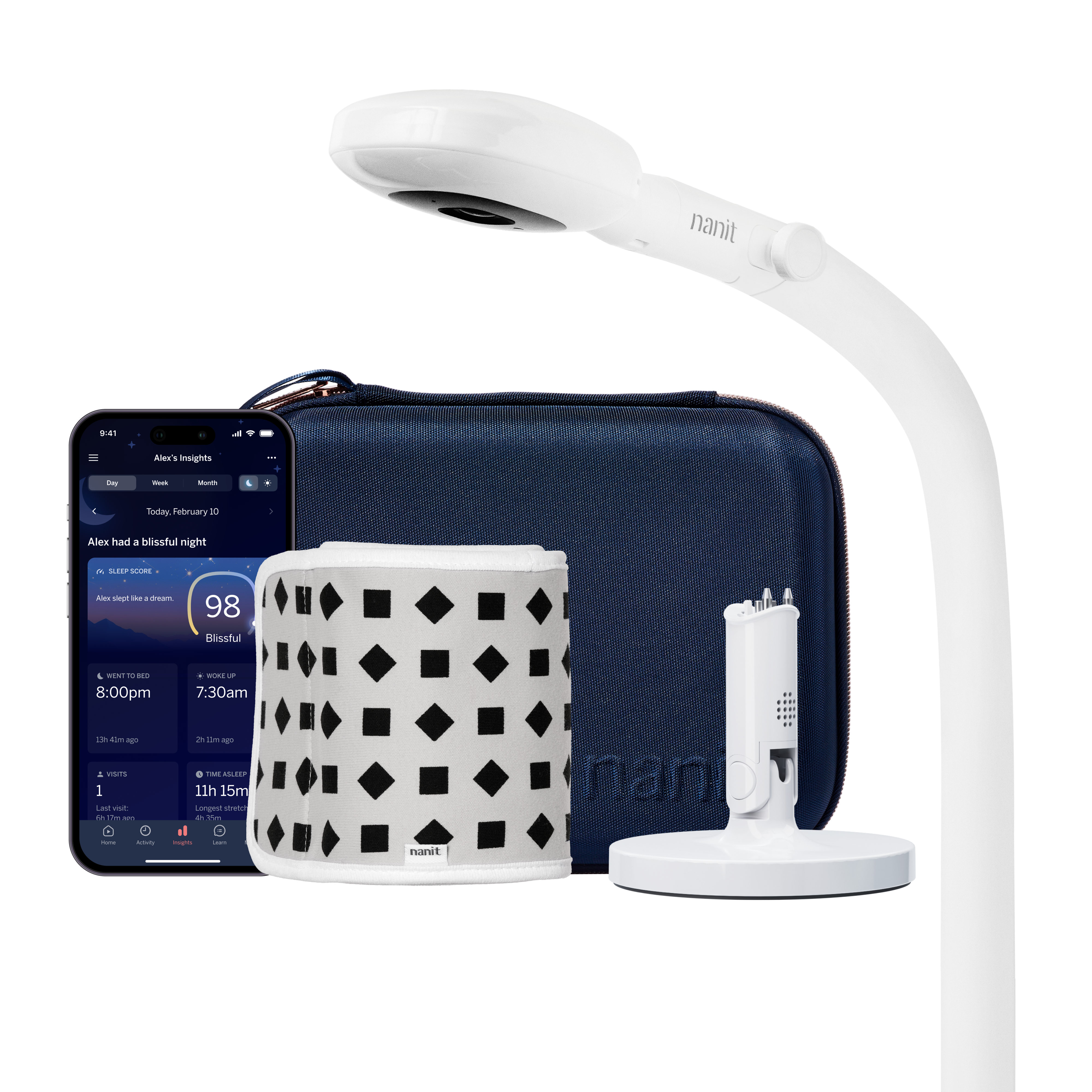 Image of nanit pro camera floor stand, blue travel case, gray breathing band, flex stand, and nanit app showing dashboard