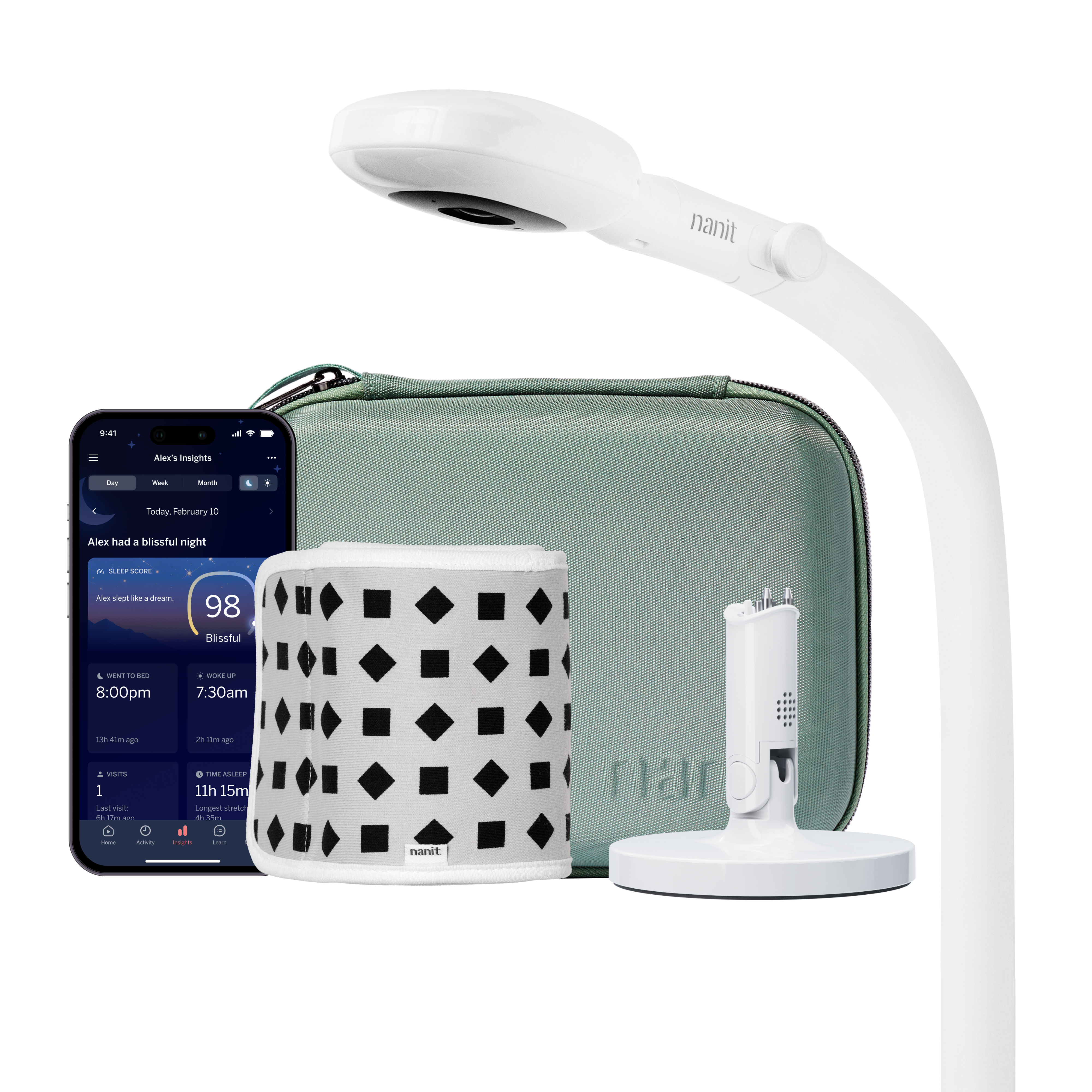 Image of nanit pro camera and floor stand, green travel case, gray breathing band, flex stand, and nanit app showing dashboard