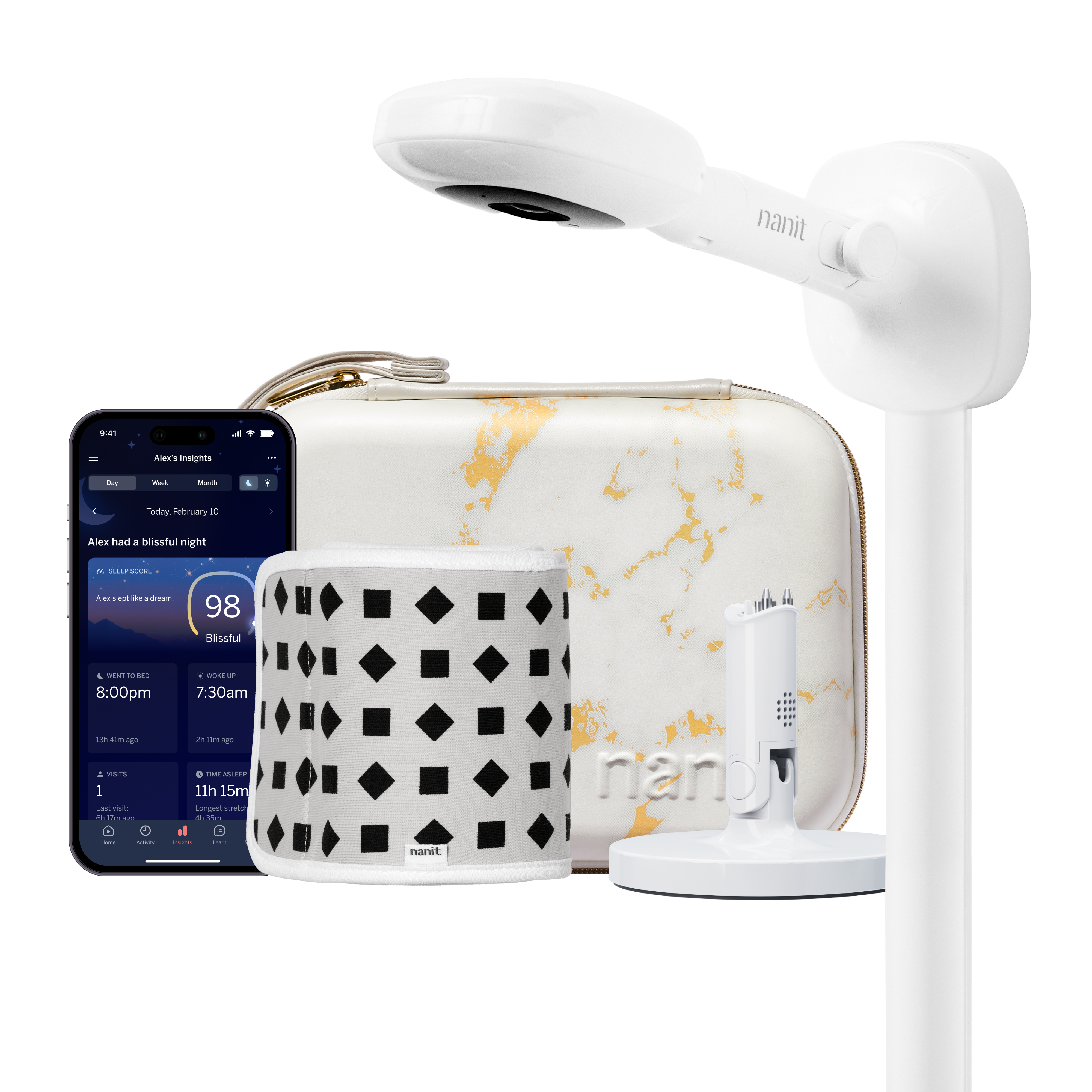 nanit pro camera wall mount, marble travel case, gray breathing band, flex stand, and nanit app