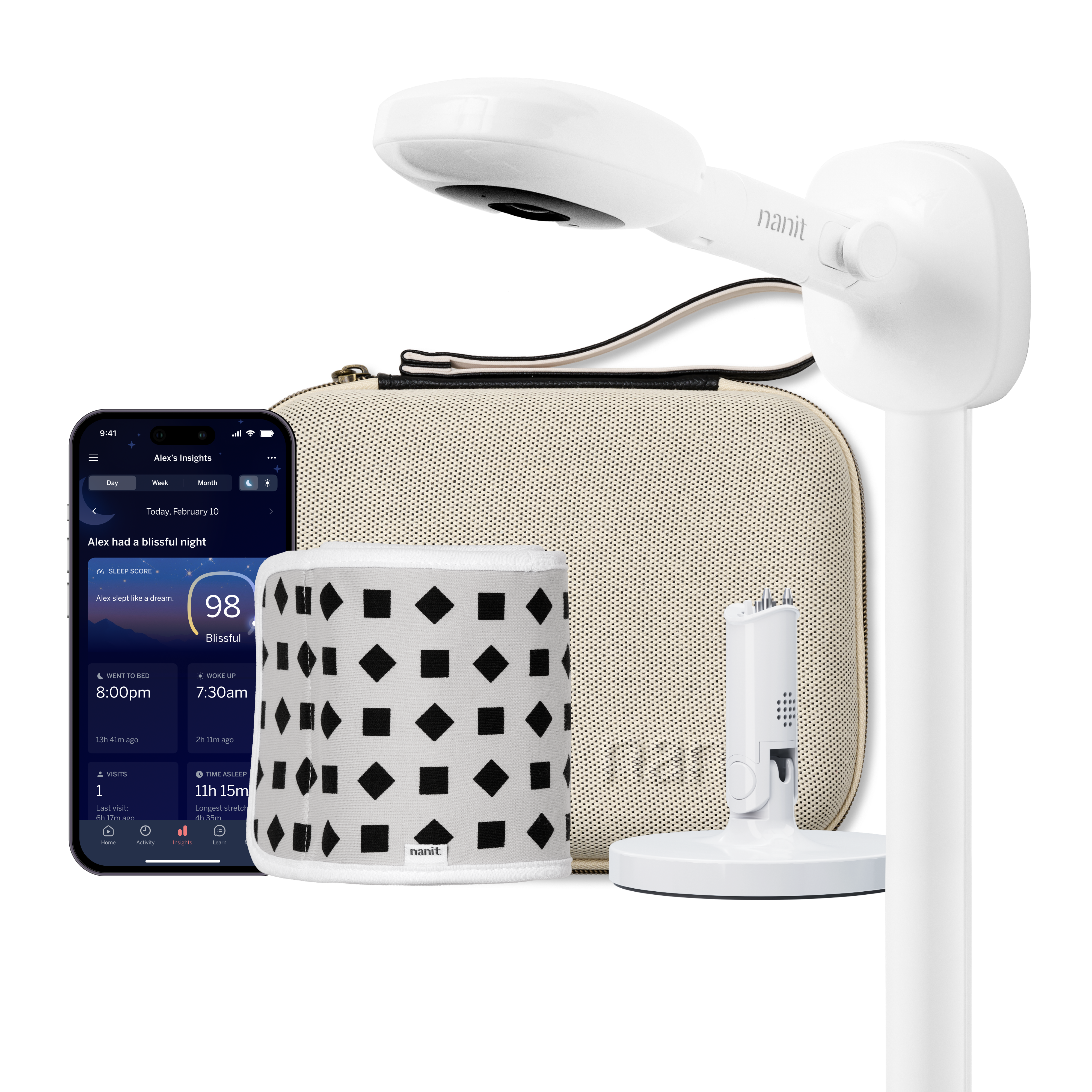 nanit pro camera wall mount, two tone canvas travel case, gray breathing band, flex stand, and nanit app #mount_wall mount #color_two tone canvas