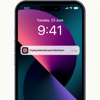 phone showing sound + light notification with crying detected near kids room