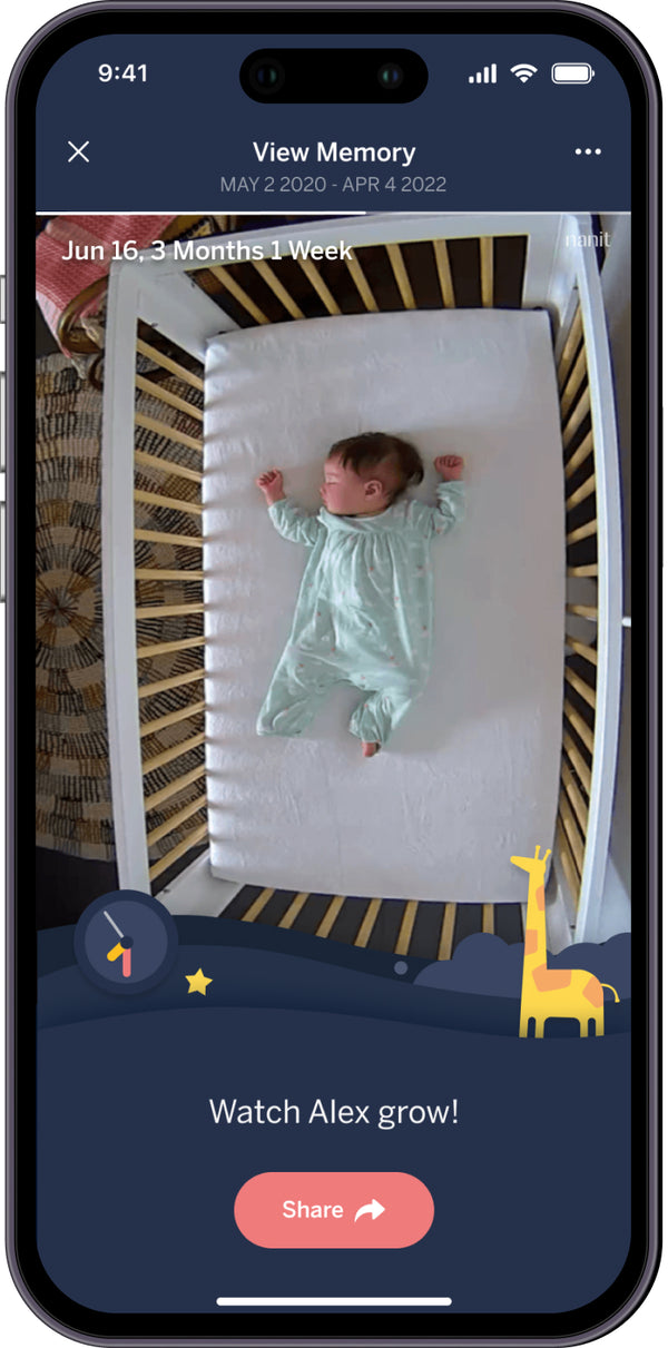 mobile phone view of nanit app with view of sleeping child in view memory
