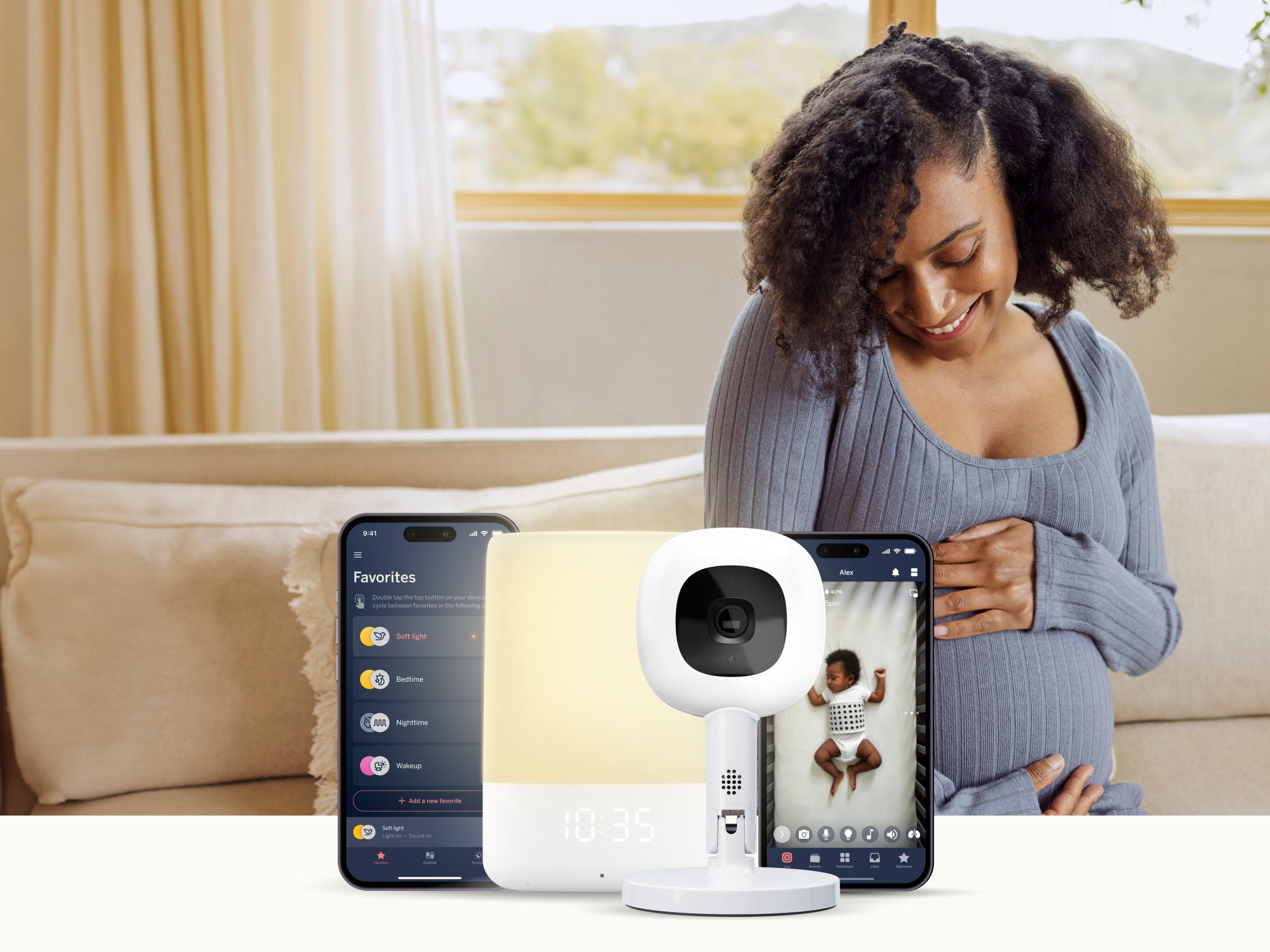 mom smiling at her pregnancy; also showing nanit baby monitor and sound + light machine with apps