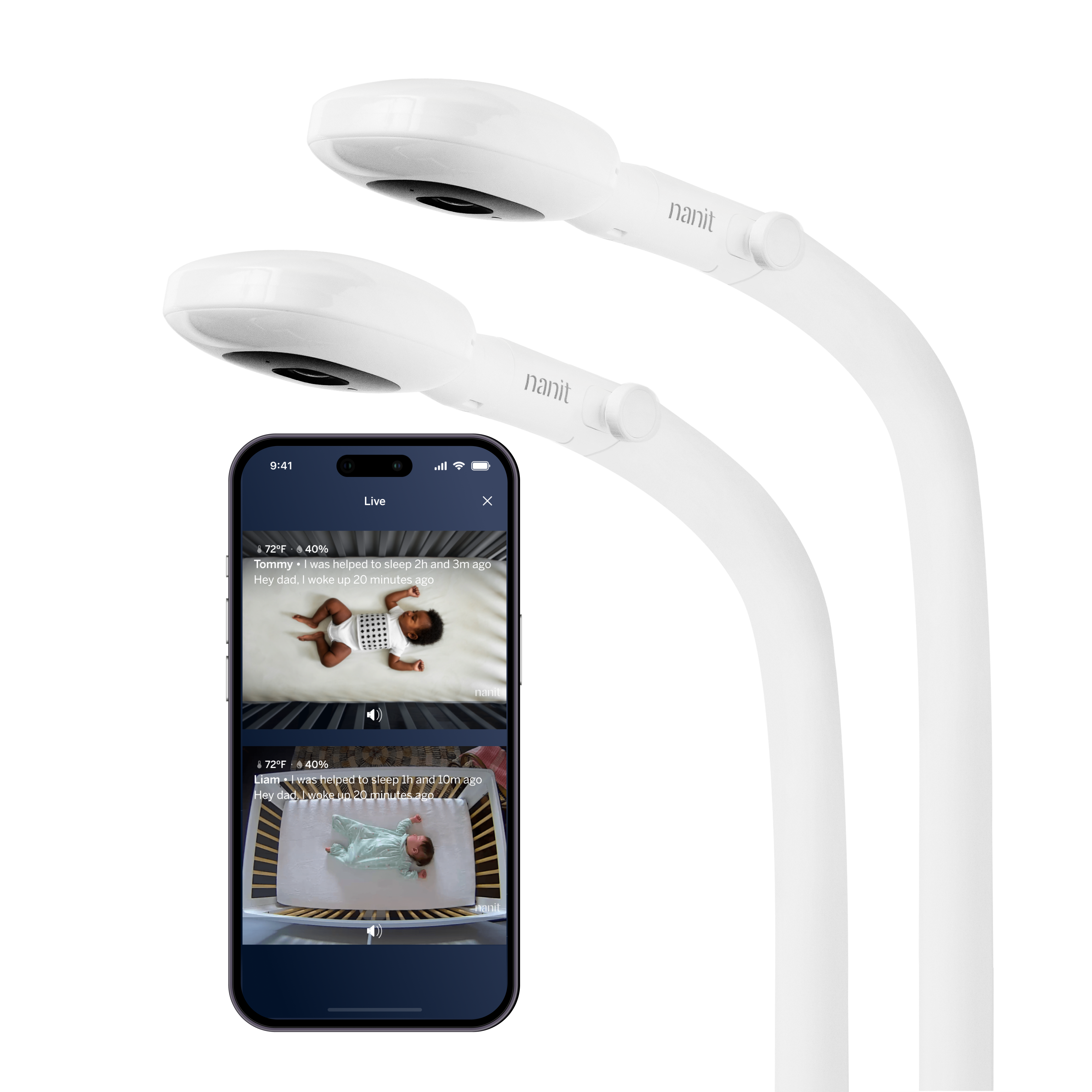 two nanit pro camera + floor stand showing nanit app on split screen view #mount_floor stand