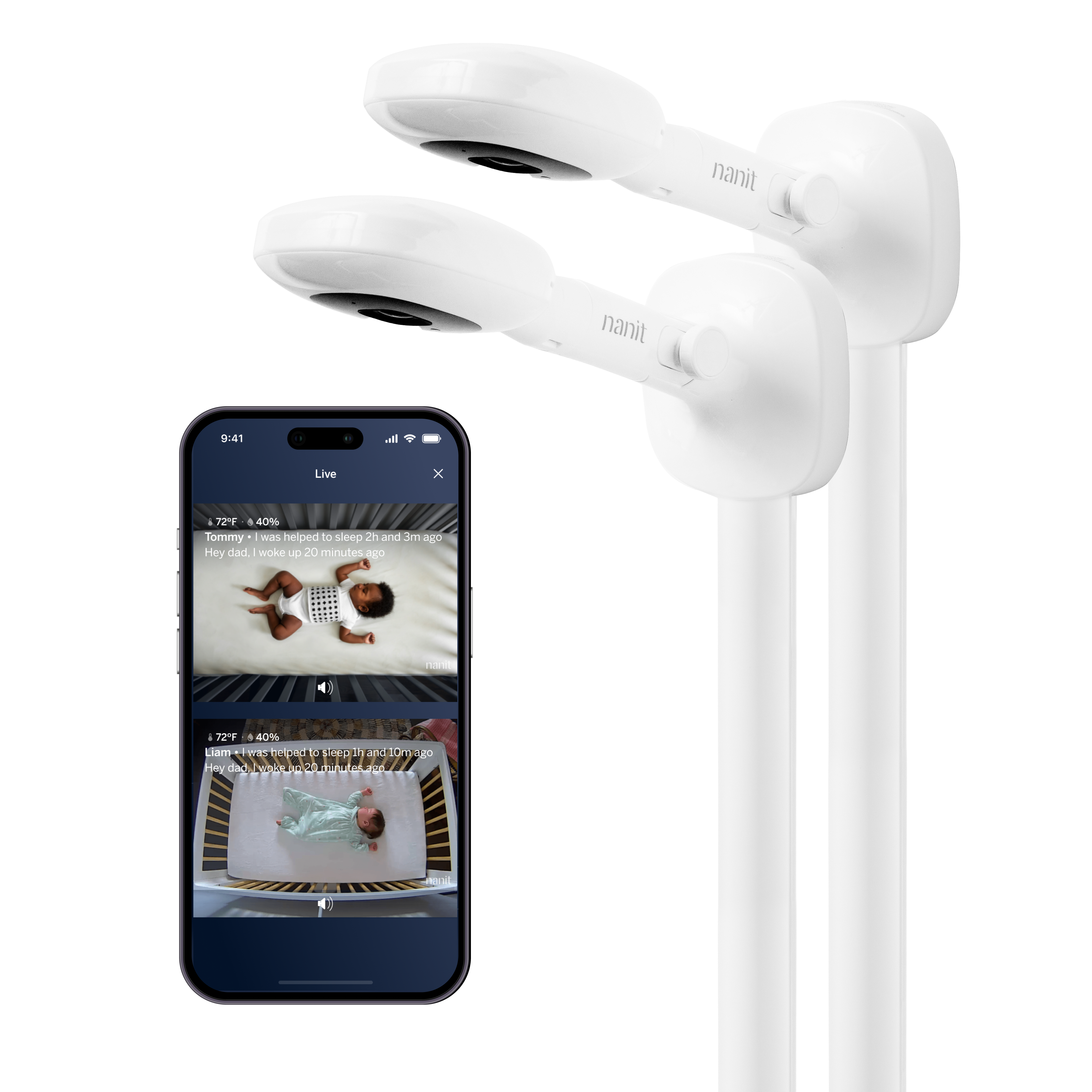two nanit pro camera + wall mount showing nanit app on split screen view#quantity_twin #mount_wall mount