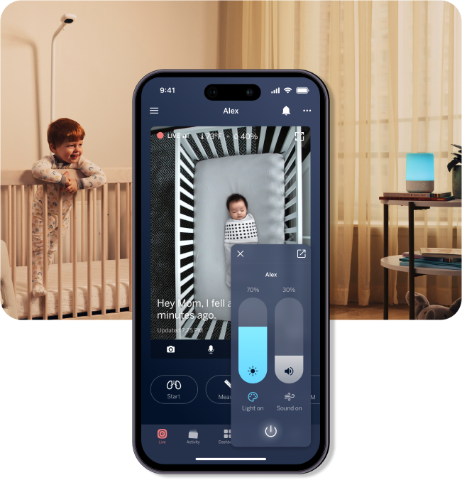 Smartphone displaying a baby monitor app with a child in a crib in a nursery setting.