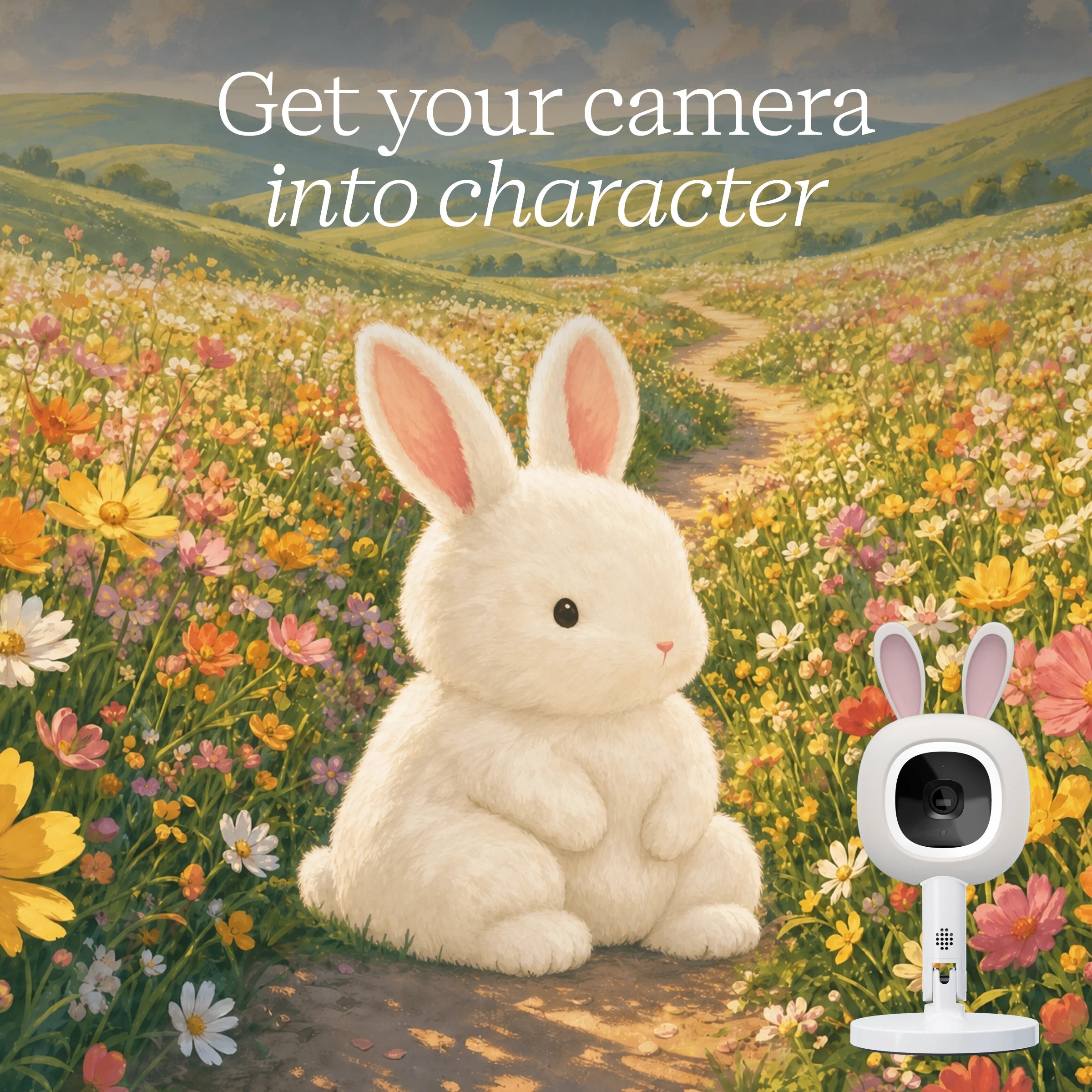 A white rabbit sits in a colorful wildflower meadow on a dirt path, with a small white bunny-shaped camera shown in the lower right corner. Large text at the top reads, 'Get your camera into character.