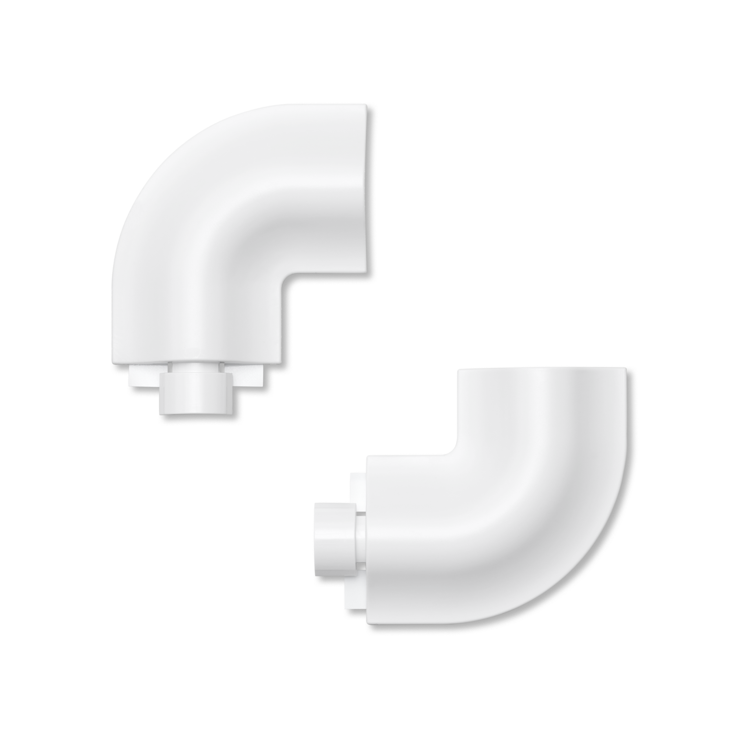 Two white plastic 90-degree elbow pipe fittings with threaded connectors, shown on a clean white background.