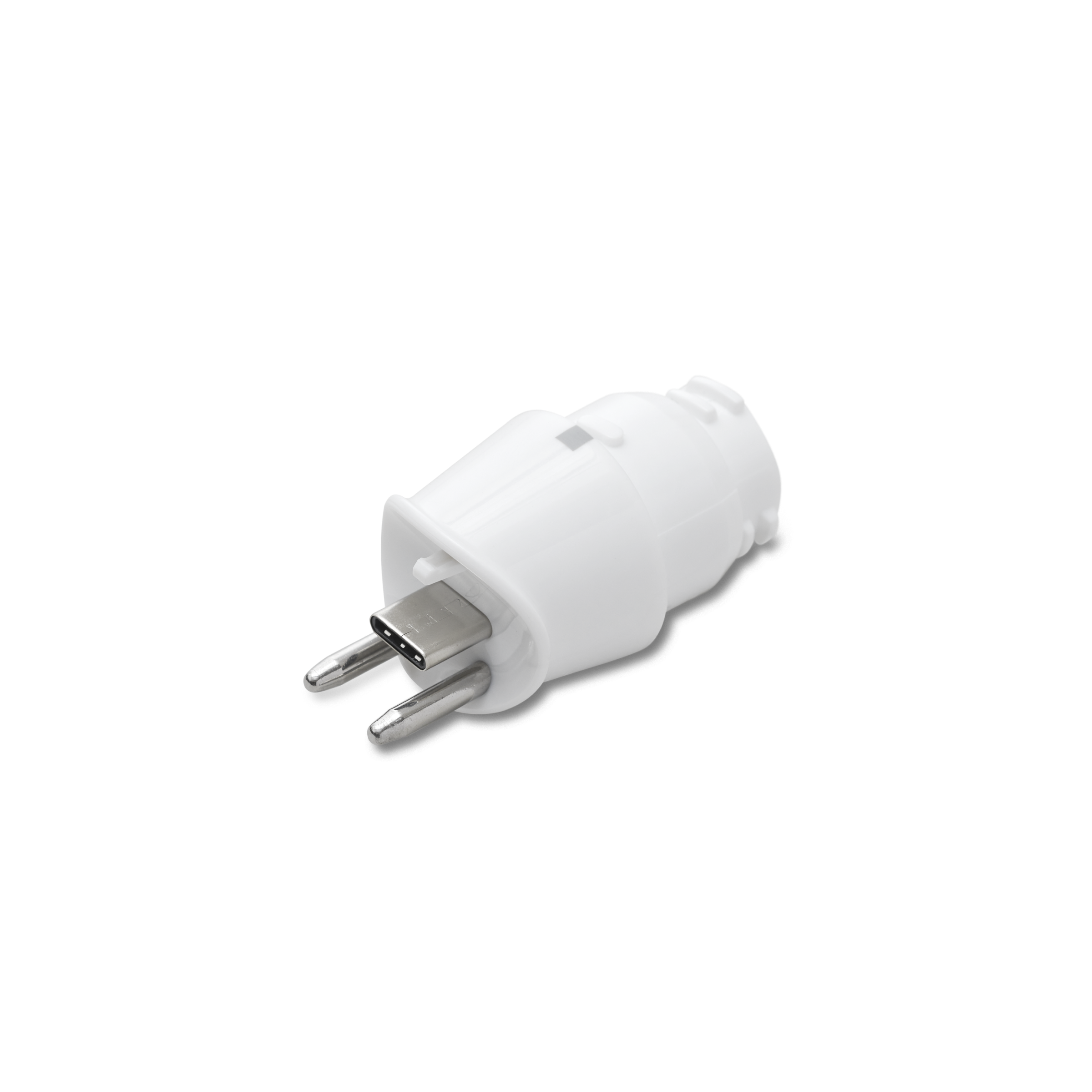 A white plastic electrical adapter plug with two silver metal pins, shown on a clean white background.
