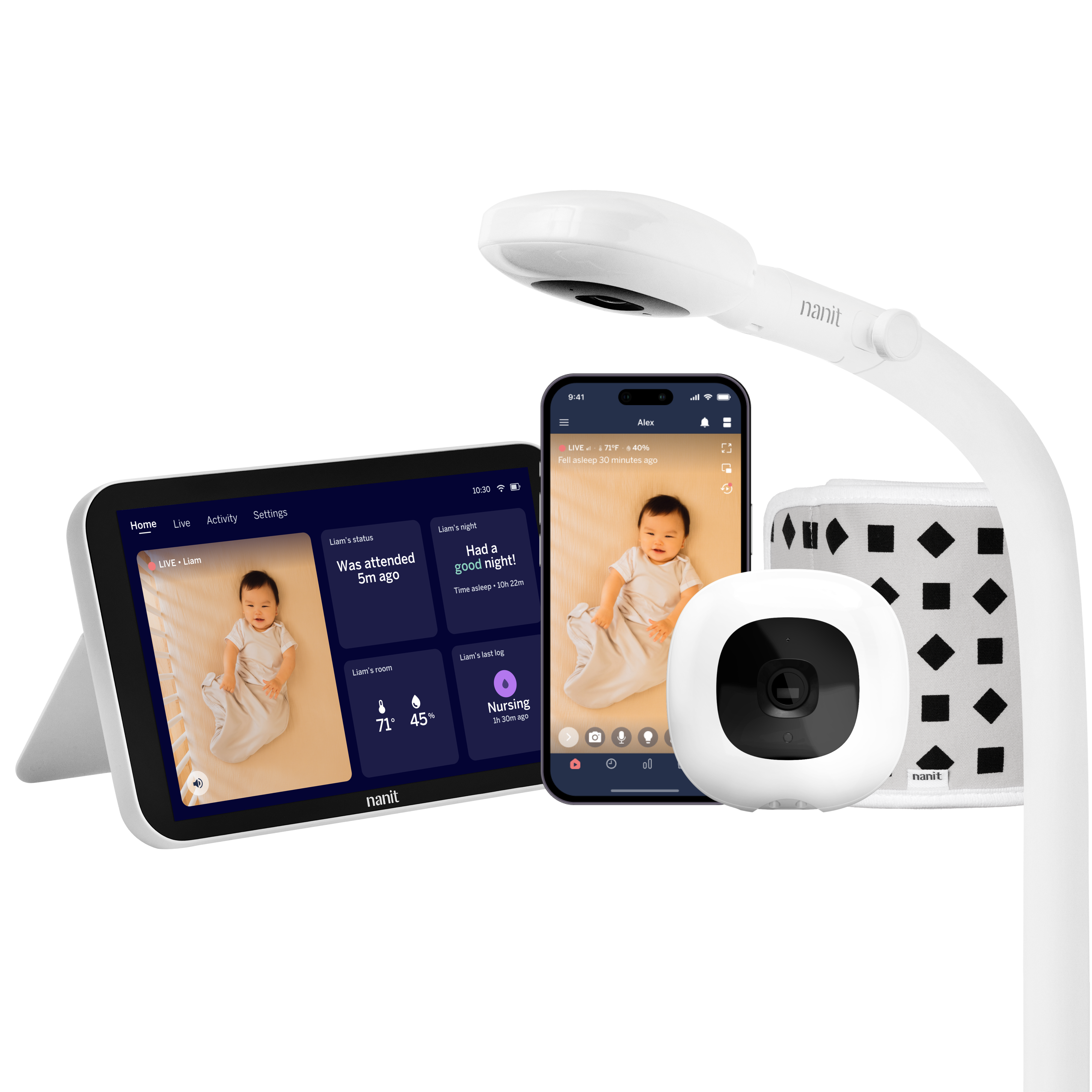 Nanit baby monitor system with floor stand, home screen showing live screen, camera, breathing band, and smartphone with live screen on nanit app #complete your setup_Camera + 8" Display #mount_floor stand