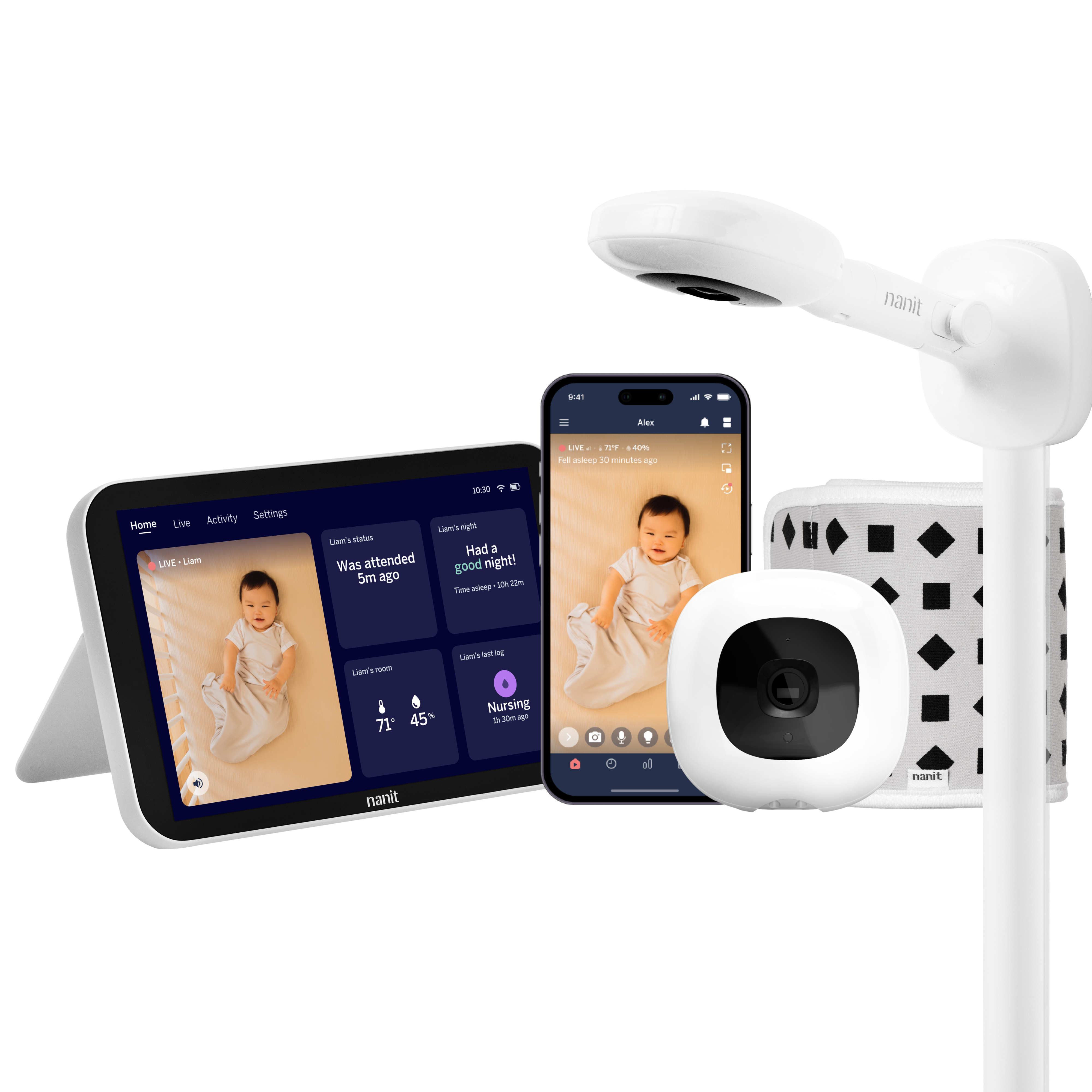 Nanit baby monitor system with wall mount, home screen showing live screen, camera, breathing band, and smartphone with live screen on nanit app #mount_wall mount #complete your setup_Camera + 8" Display