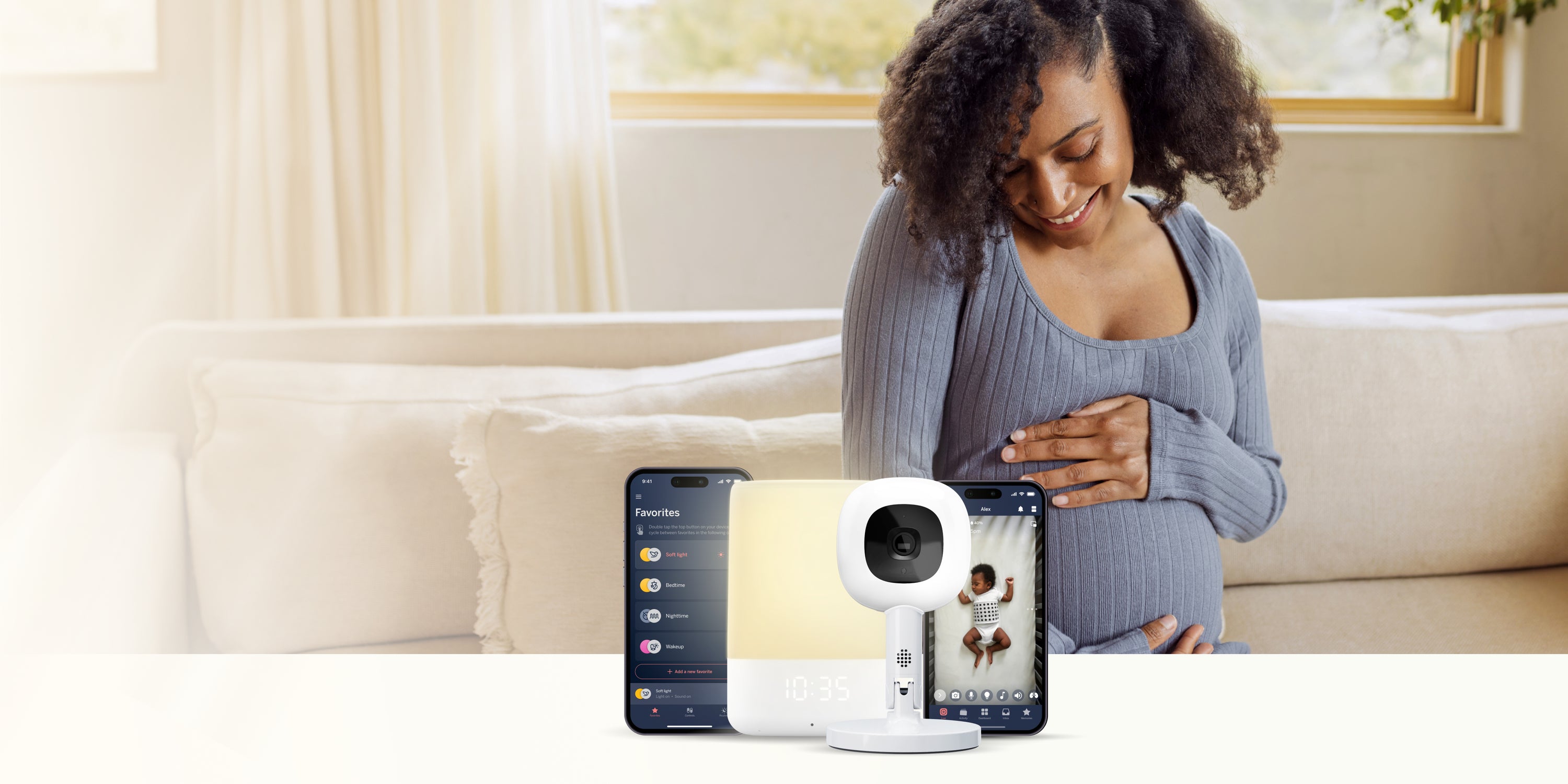 mom smiling at her pregnancy; also showing nanit baby monitor and sound + light machine with apps