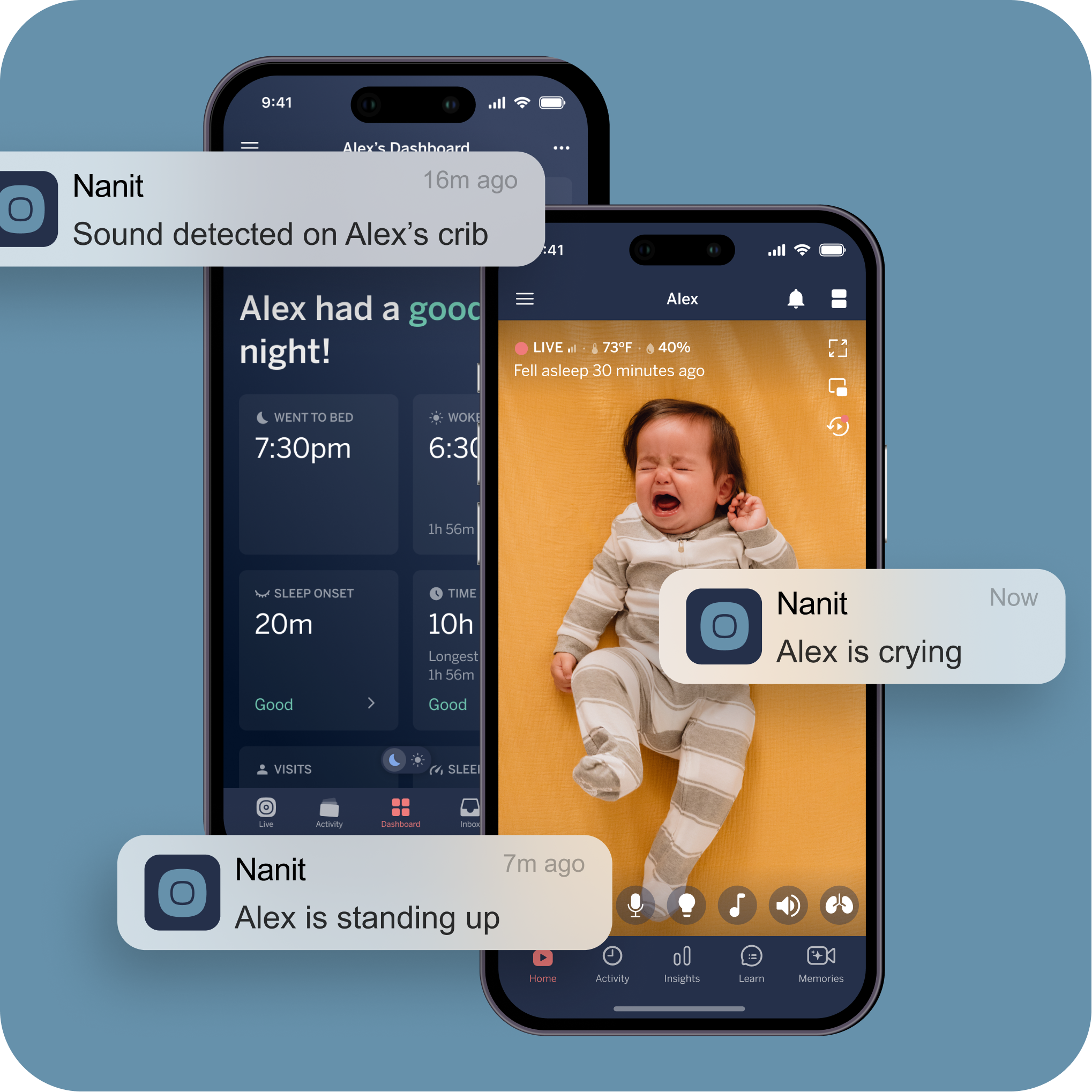 Two smartphones displaying Nanit app on a blue background