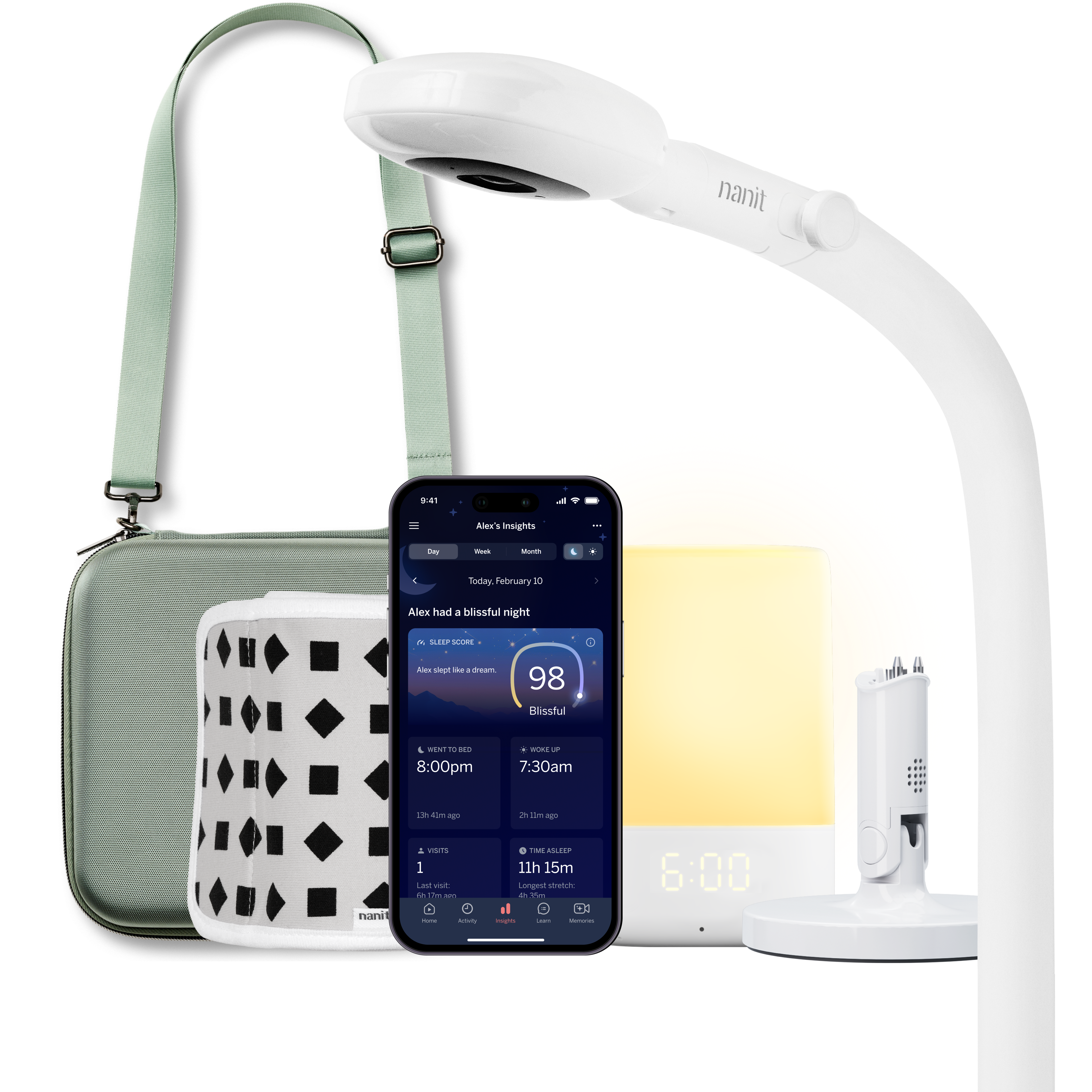 nanit pro camera with floor stand, nanit sound + light, flex stand, breathing band, traveling light case in green oxford, and nanit app #mount_floor stand #color_green oxford