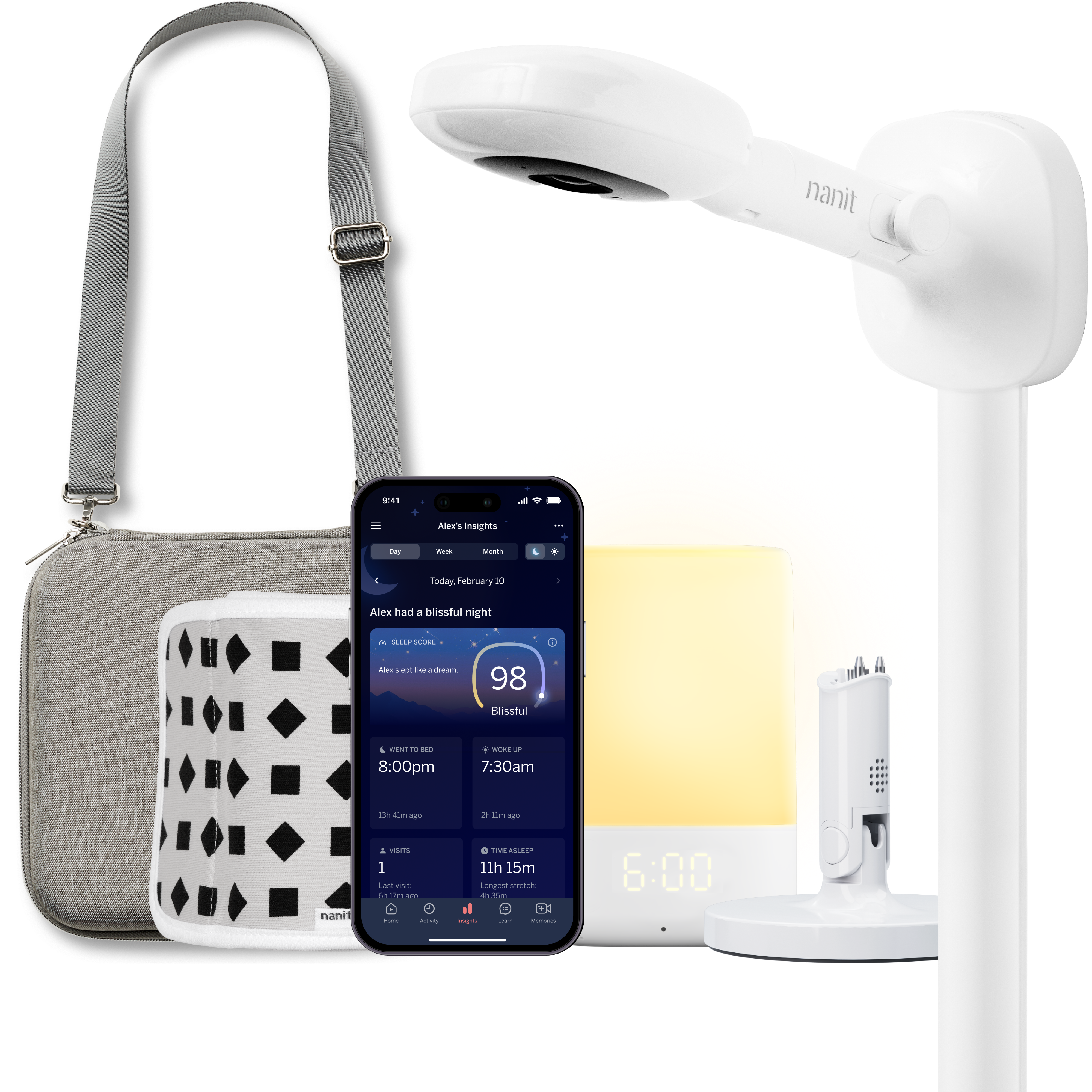 nanit pro camera with wall mount, nanit sound + light, flex stand, breathing band, traveling light case in heather gray oxford, and nanit app #mount_wall mount #color_heather gray oxford