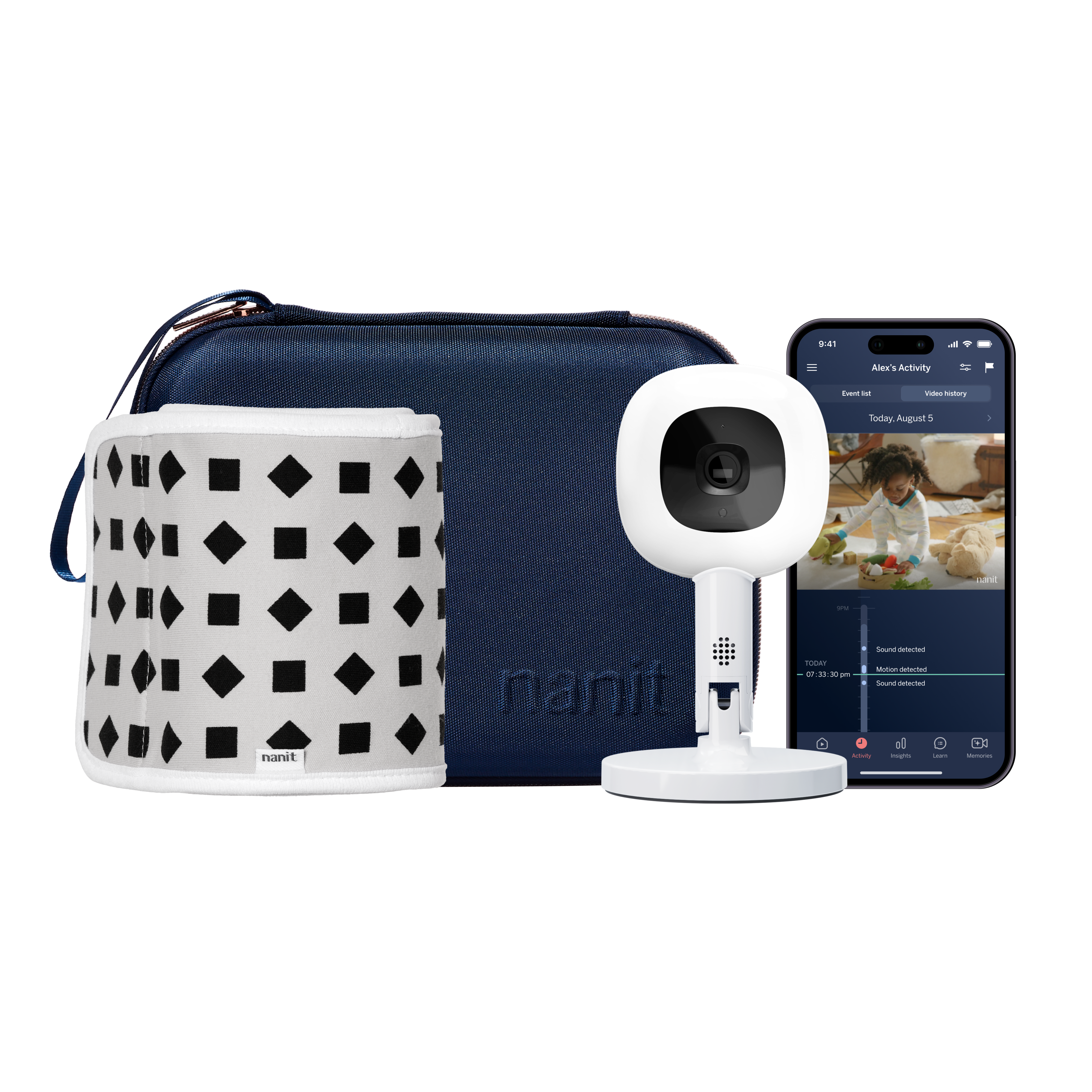 blue travel case, phone showing nanit app, Nanit Pro Camera + Flex Stand, Breathing Band #color_blue