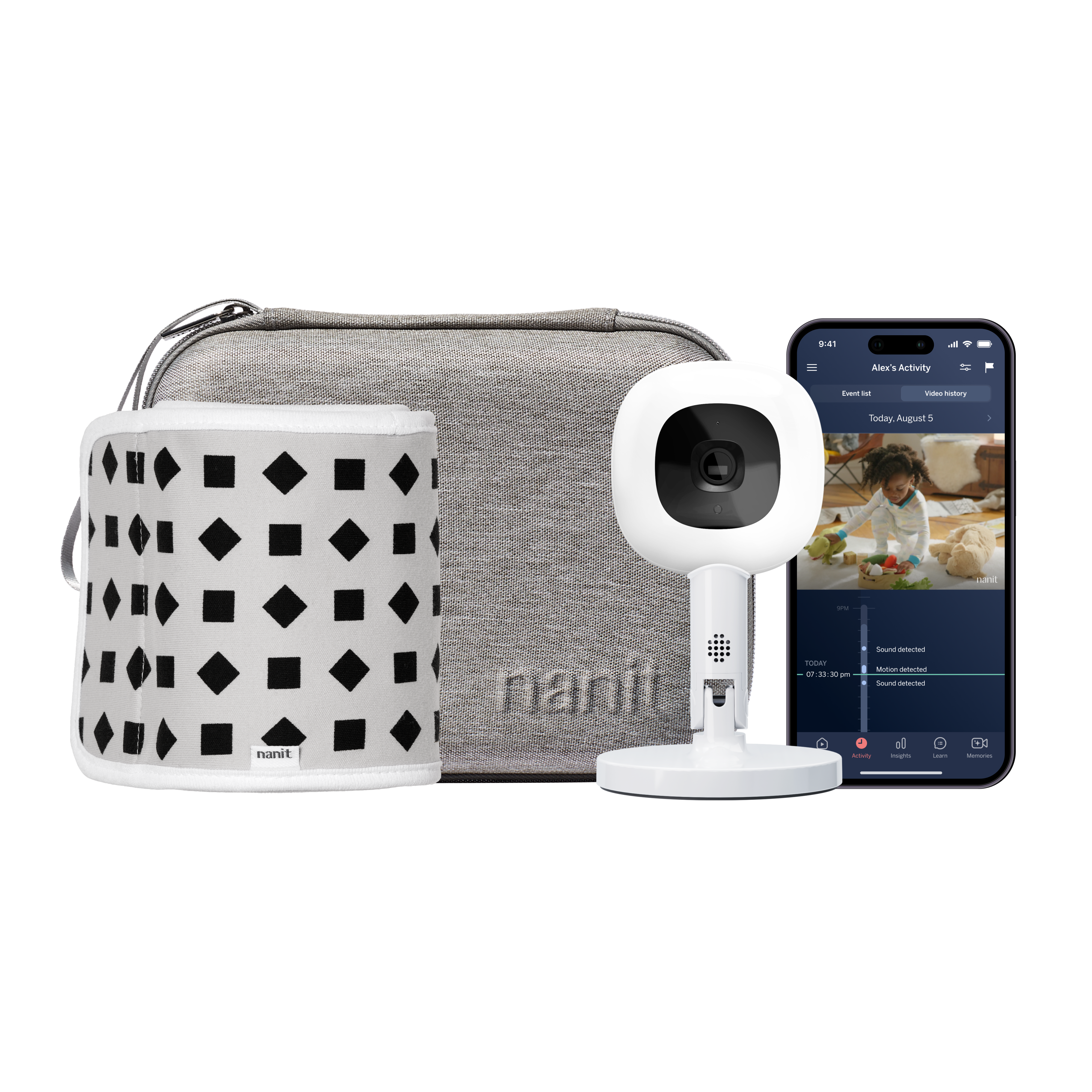 gray travel case, phone showing nanit app, Nanit Pro Camera + Flex Stand, Breathing Band