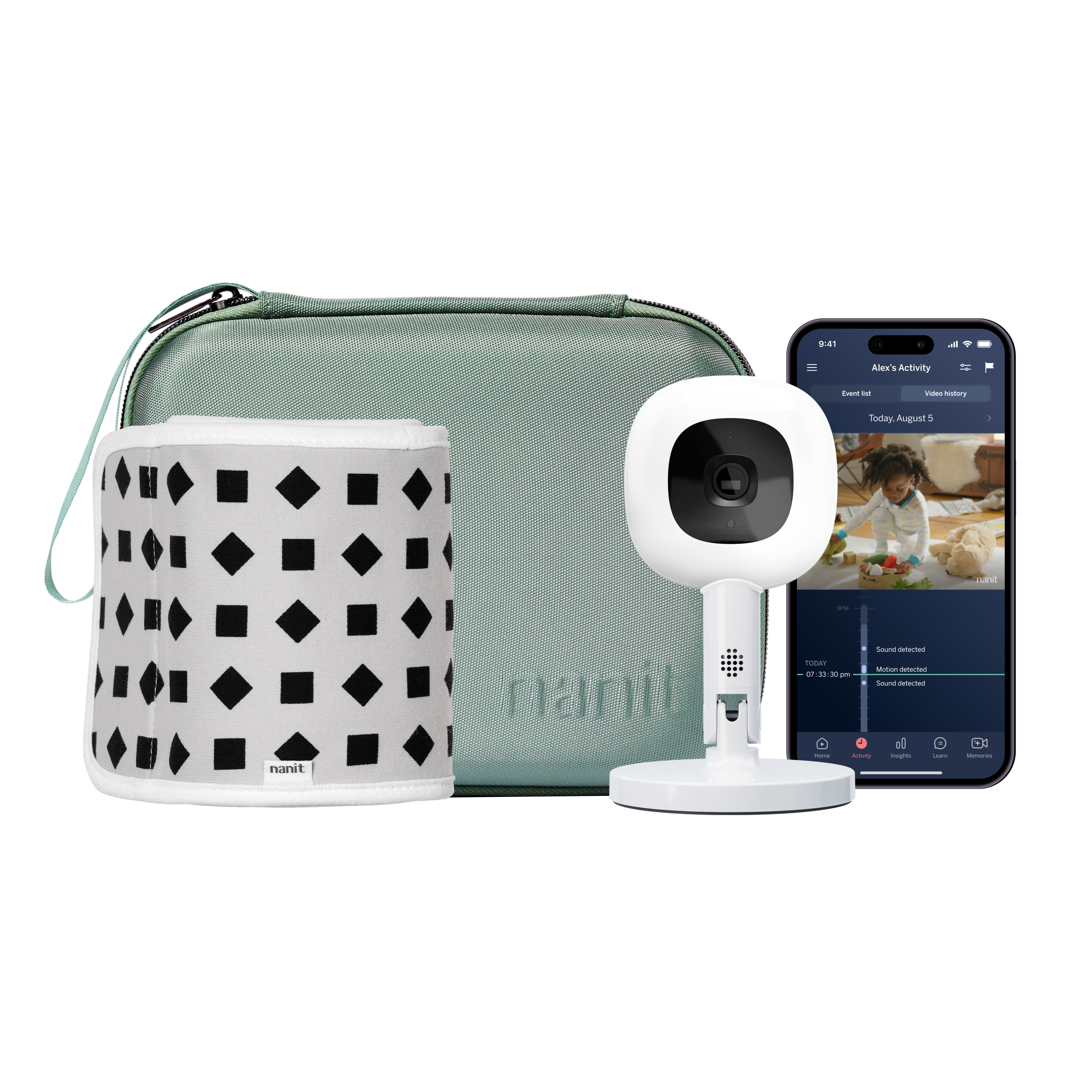 green travel case, phone showing nanit app, Nanit Pro Camera + Flex Stand, Breathing Band #color_green