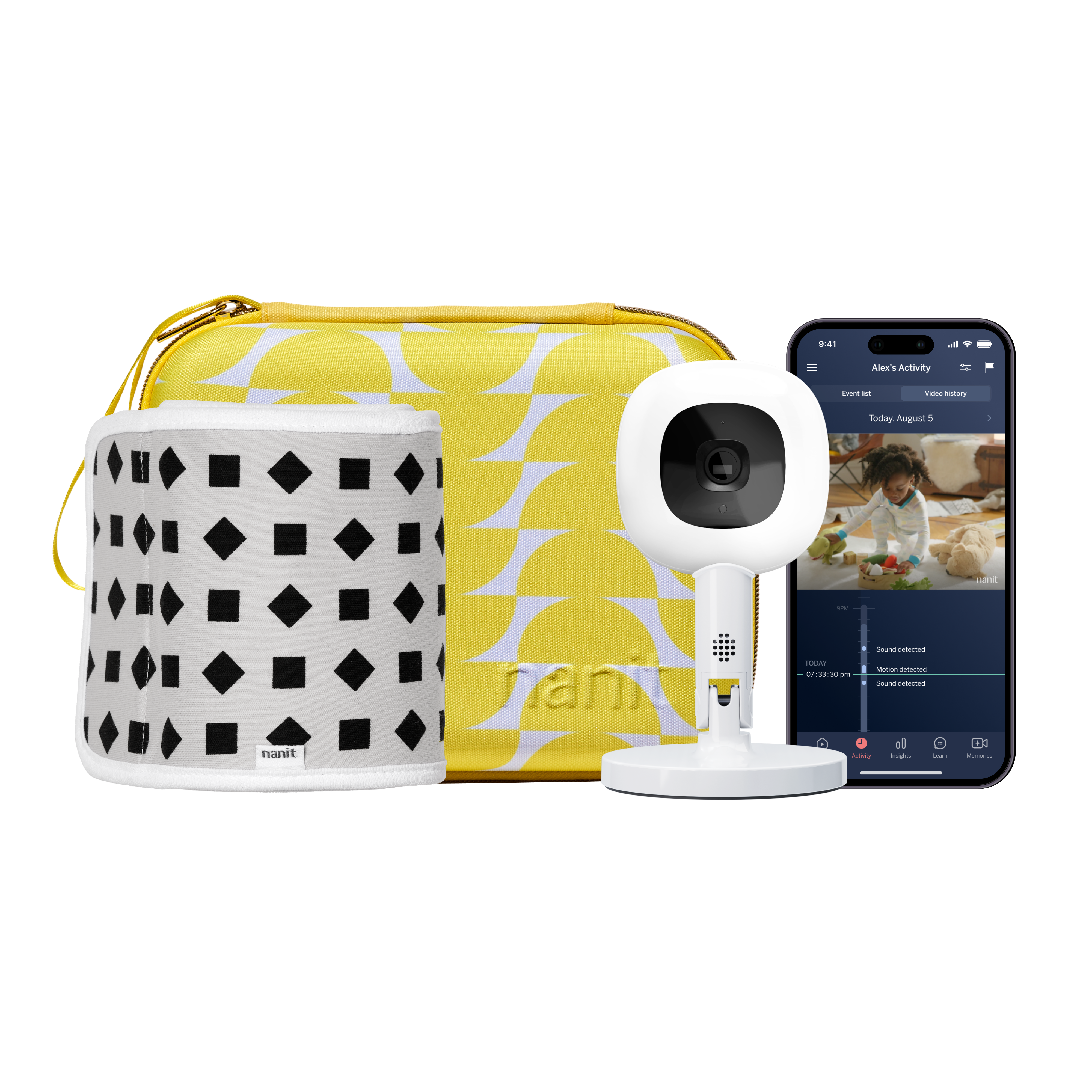 half moon travel case, phone showing nanit app, Nanit Pro Camera + Flex Stand, Breathing Band #color_half moon