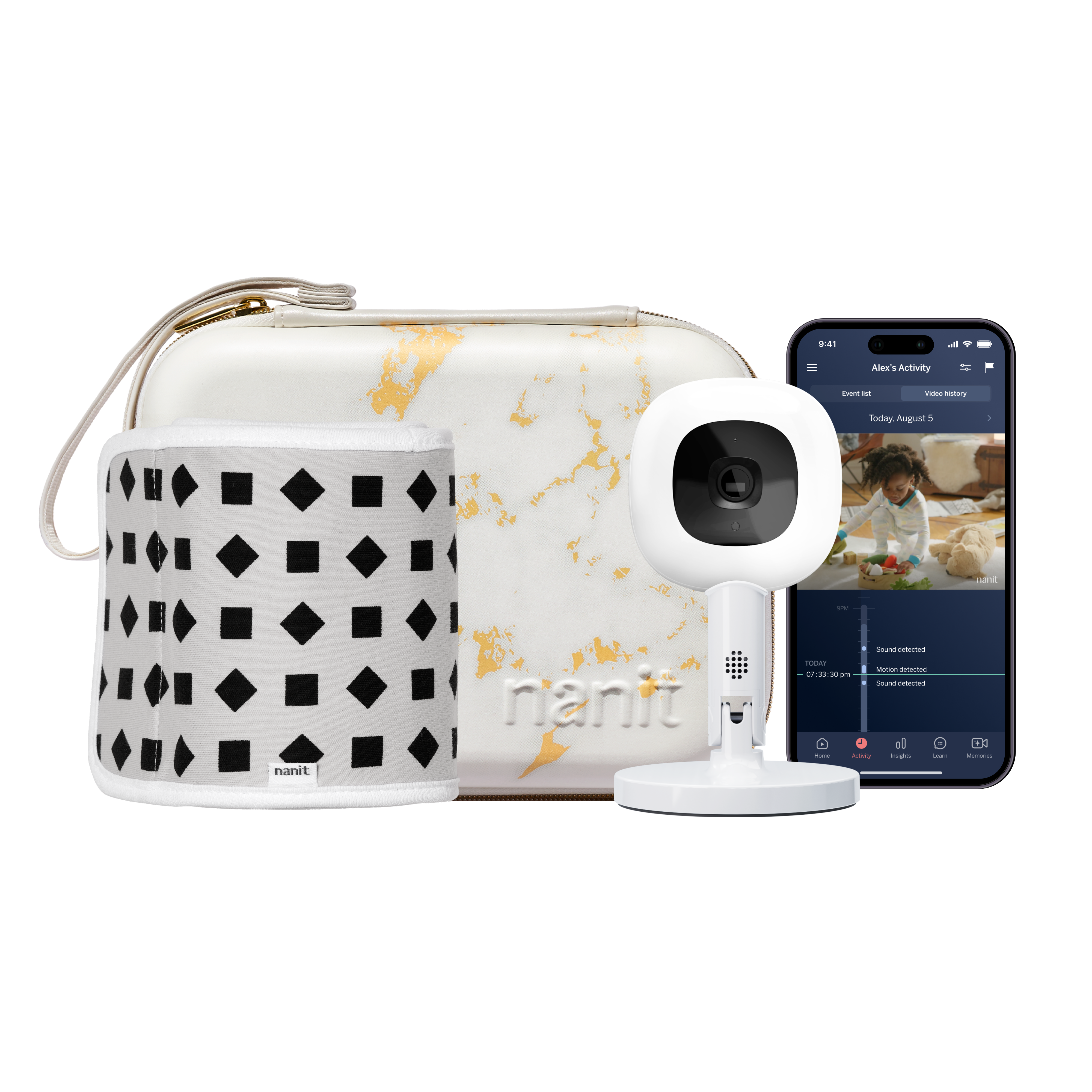 marble travel case, phone showing nanit app, Nanit Pro Camera + Flex Stand, Breathing Band #color_marble