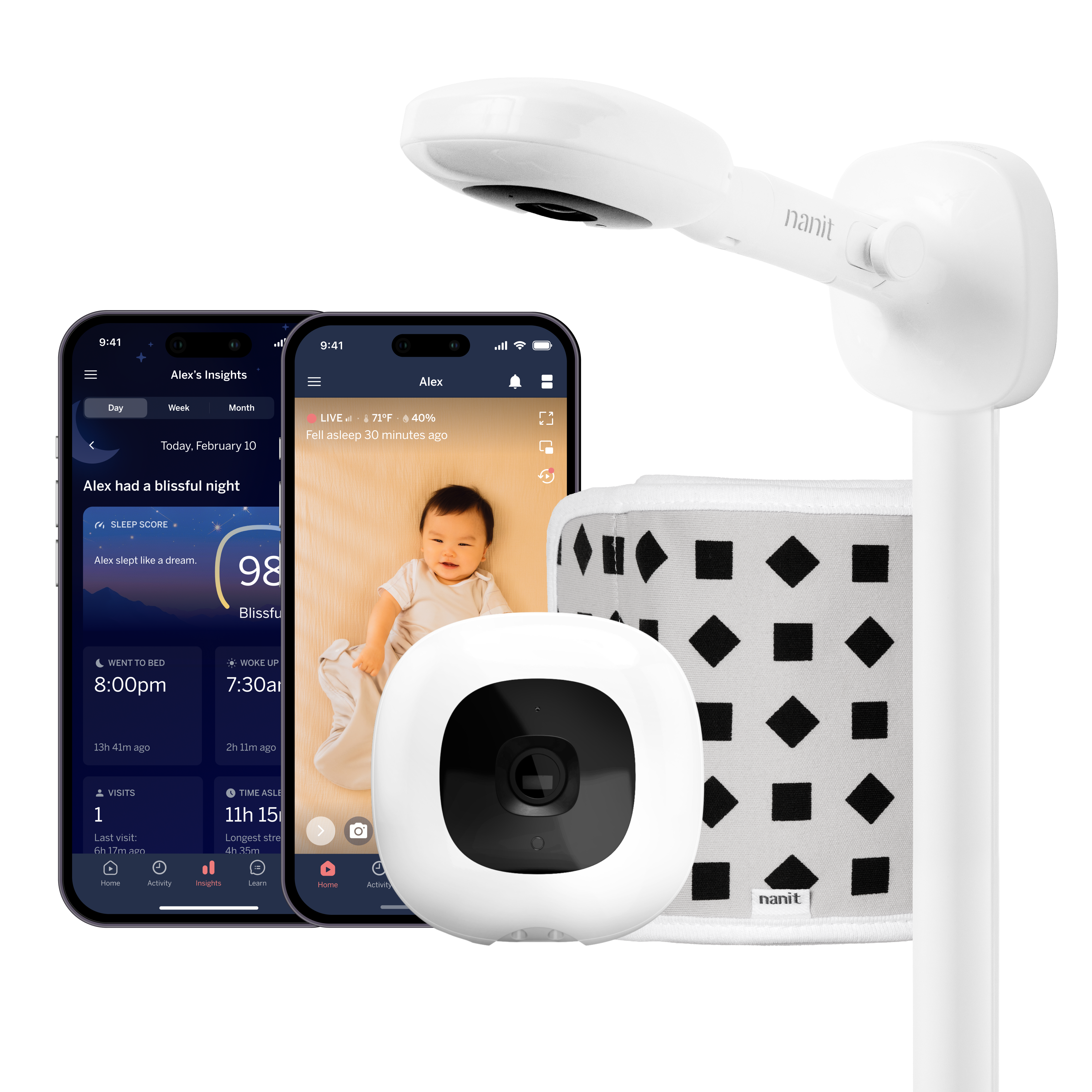pro baby monitor + wall mount with two phones showing nanit app of dashboard and live screen and breathing band behind smartphone #mount_wall mount #complete your setup_camera only