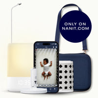 nanit pro camera with floor stand, nanit sound + light, flex stand, breathing band, traveling light case in blue oxford, and nanit app #mount_floor stand #color_yellow