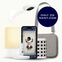 nanit pro camera with wall mount, nanit sound + light, flex stand, breathing band, traveling light case in heather gray oxford, and nanit app #mount_wall mount #color_yellow