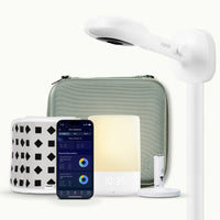 nanit pro camera with wall mount, nanit sound + light, flex stand, breathing band, traveling light case in green oxford, and nanit app #mount_wall mount #color_yellow