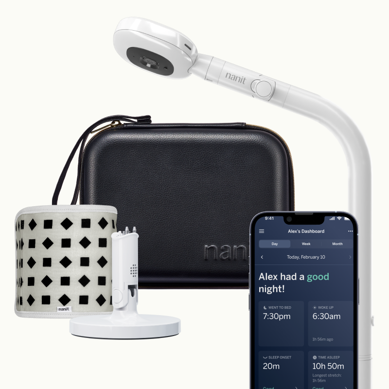 nanit pro camera floor stand, black travel case, gray breathing band, flex stand, and nanit app showing dashboard #mount_floor stand #color_black