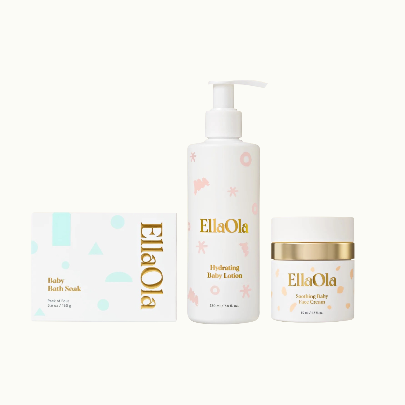 ellaola baby bath soak pack of four, ellaola hydrating baby lotion, ellaola soothing baby face cream