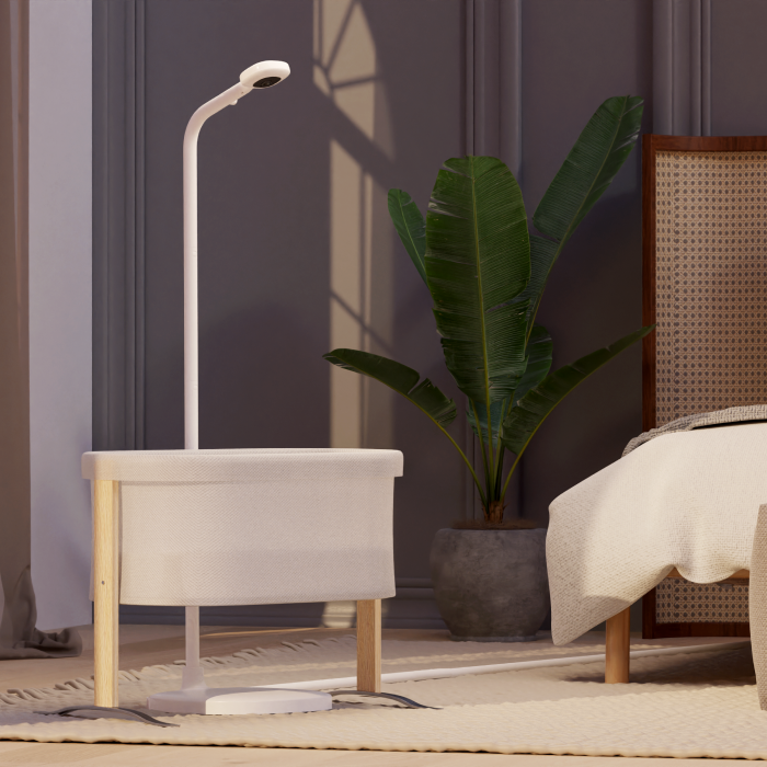 Image of nanit pro camera + floor stand placed in front of small crib in bedroom #mount_floor stand