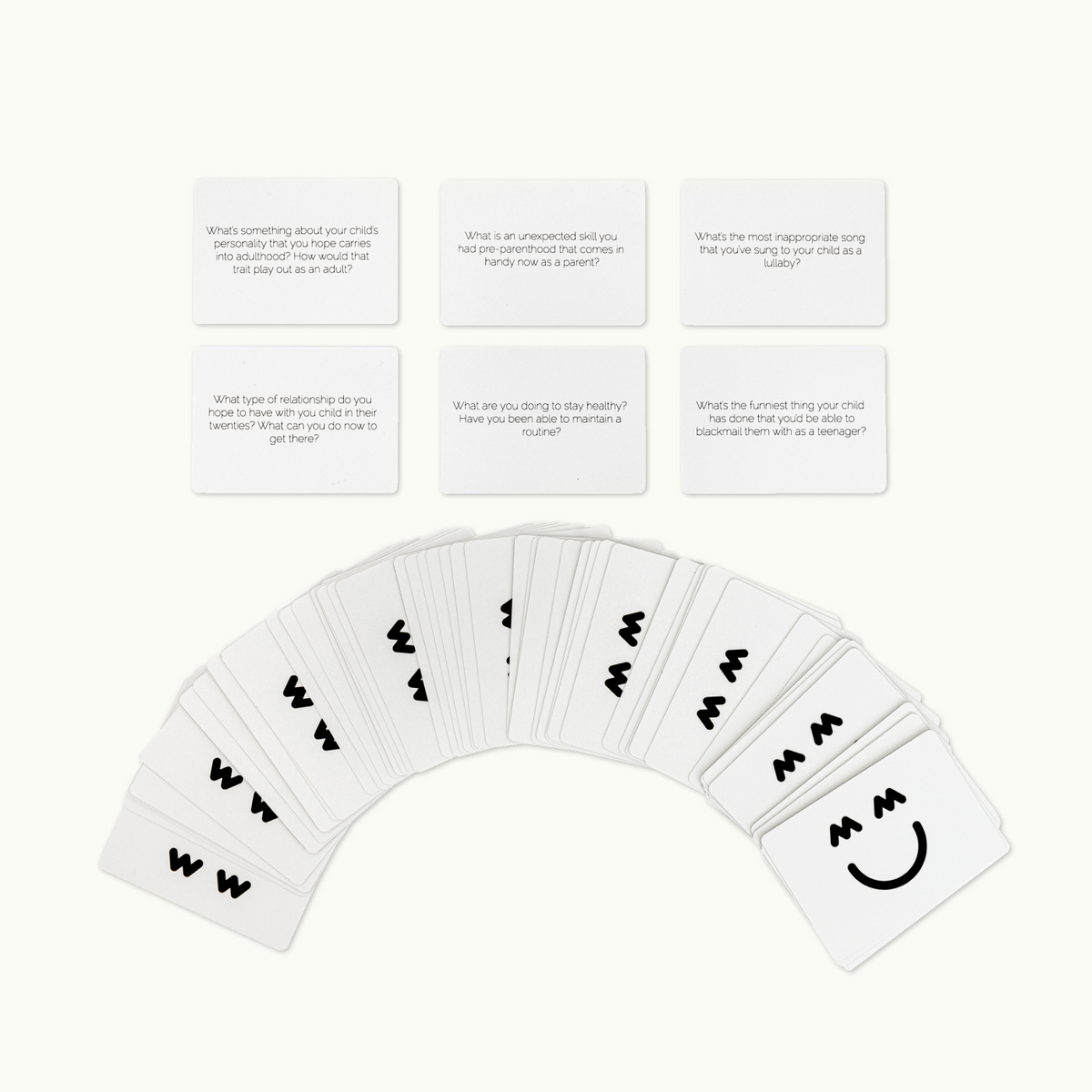 Set of cards laid out with some example questions shown