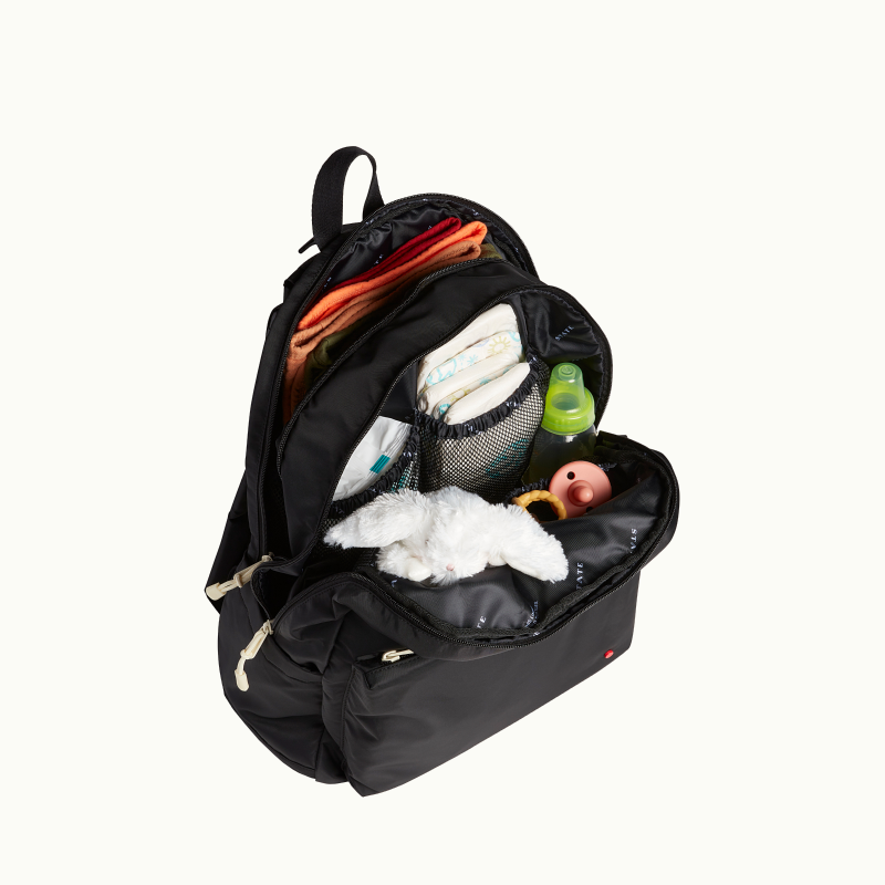 opened and packed black state lorimer diaper bag