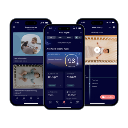 Three phones showing Nanit app screenshots with dashboards and video history 