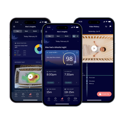 Three phones showing Nanit app screenshots with dashboard, video history, and milestone achievement 